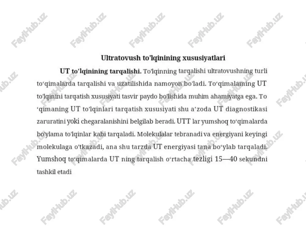 erlash jarayonida) pir yoki bir nechta transdyuserdan iborat, har bir transdyuser ma’lum bir chuquilikda fokuslangan, datchik yoki generatorning turiga garab ut tolginlari ogimining shakii va olchami turlicha holladi ‘transdyuserlar —, 2 nae hizi sit 7° ( datchik turlari pe on mm —_ / \ | konveksli | ae y, meee ktorli \e a ve chizigli datchiklarni qo‘llaganda kesim to‘g'ri burchak ko'rinishida bo'ladi, bu datchiklarni akusherlik amaliyotida, qalgonsimon bez va sut bezini tekshirishda qo'llash qulay hisoblanadi pmpslinaecap over ive mageayyspglteaewnak sektorli datchiklarni qo'llaganda kesim 0 ‘thir burchak ko'rinishida bo'ladi. bu datchiklar uncha katta botmagan maydonni tekshirishda qulay hisoblanadi, ular gorin bo ‘shlig'i yugori sohalarini tekshirish uchun ginekologiya va kardiologiya sohalarida keng qollaniladi konveksli datchik kesim ko'rinishi ~ chiziqhi va sektorli datchiklarning kesim korinishi orasidagi shakl boladi. bunday ==> datchiklar exokardiografiyadan tashqari barcha sohalarda keng qo'laniladi | datchiklarning ishlatilishi akusherlikda — chiziqli)) umumiy amaliyotda — va konveksial datchiklar sektorli va konveksial ichki …