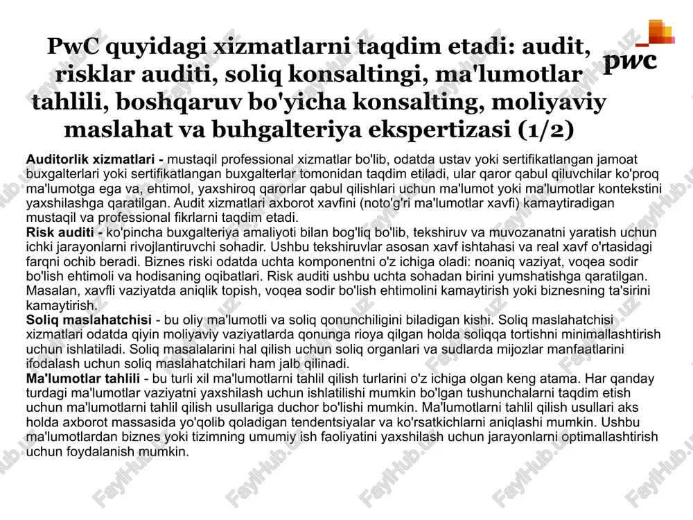 balki biznesdagi ishlarning haqiqiy holatiga ham qarashga o'rgatilgan. sud-tibbiyot buxgalteriya hisobi ko'pincha sudda moliyaviy jinoyatning mohiyatini tushuntirish uchun firibgarlik va o'zlashtirish ishlarida qo'llaniladi. pwc ning butun dunyo bo'ylab umumiy yalpi daromadi pwc diversityinc 2016 yilgi global diversity reytingida 12 ta eng yaxshi kompaniyalar reytingida 3-o‘rinni egalladi. pwc hindiston 2016 yilgi global spotlight mukofotini “oʻsish strategiyasi” nominatsiyasida boshqaruv konsalting firmalari assotsiatsiyasidan oldi. yangi ishga kirgan bitiruvchilar oʻrtasida oʻtkazilgan soʻrovda pwc ketma-ket 13-yil davomida the times jurnalining 2016-yildagi 100 ta eng yaxshi bitiruvchi ish beruvchi roʻyxatida birinchi oʻrinni egalladi. australian financial review client choice mukofotlari pwcni 2016 va 2017 yillardagi avstraliya bozori yetakchisi sifatida tan oldi. brand finance 2017 yilda pwc-ni 500 ta eng qimmat global brendlar qatoriga kiritdi. 2020 yil holatiga ko'ra, pwc amerikaning eng yirik xususiy kompaniyalari forbes ro'yxatida 5-o'rinda, dunyoning eng qimmat brendlari ro'yxatida 68-o'rinda va xilma-xillik bo'yicha eng yaxshi ish beruvchilar ro'yxatida 85-o'rinda; kompaniya amerikaning eng yaxshi tavsiya …