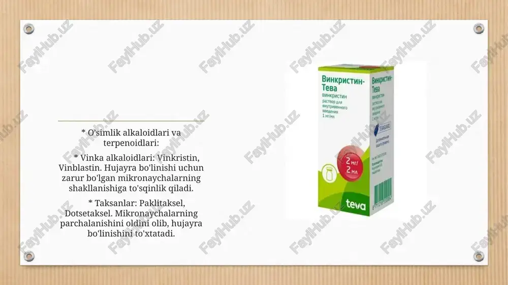 hi, suyak zichligining pasayishi, jinsiy funksiyaning buzilishi (preparat va jinsga qarab farq qiladi). angiogenez ingibitorlari: o'smalar o'sishi va metastaz berishi uchun yangi qon tomirlari (angiogenez) hosil qilishi kerak. bu preparatlar ushbu jarayonni bloklaydi, o'smani "och qoldiradi". * mexanizmi: qon tomirlari o'sish faktorlarini (masalan, vegf) nishonga oladi yoki ularning retseptorlarini bloklaydi. * misollar: * bevacizumab (avastin): ko'plab saraton turlarida (yuqorida maqsadli terapiyada ham qayd etilgan). * sorafenib (nexavar), sunitinib (sutent): bir nechta kinazalarni, shu jumladan vegf retseptorlarini bloklaydi (buyrak, jigar saratoni). * ramucirumab (cyramza): oshqozon, o'pka, yo'g'on ichak saratonlarida vegf retseptor-2 ga ta'sir qiladi. * qo'llanilishi: yo'g'on ichak, o'pka, buyrak, tuxumdon, miya o'smalari va boshqalar. * asosiy nojo'ya ta'sirlari: qon bosimining ko'tarilishi, qonash xavfi, yaralarning sekin bitishi, proteinuriya (siydikda oqsil). so'nggi yutuqlar va innovatsion yondashuvlar: * suyuq biopsiya: qon namunasi orqali o'sma dnksini (ctdna) tahlil qilish orqali saratonni aniqlash, davolash samaradorligini kuzatish va genetik o'zgarishlarni aniqlash. bu davolash taktikasini o'z vaqtida …
