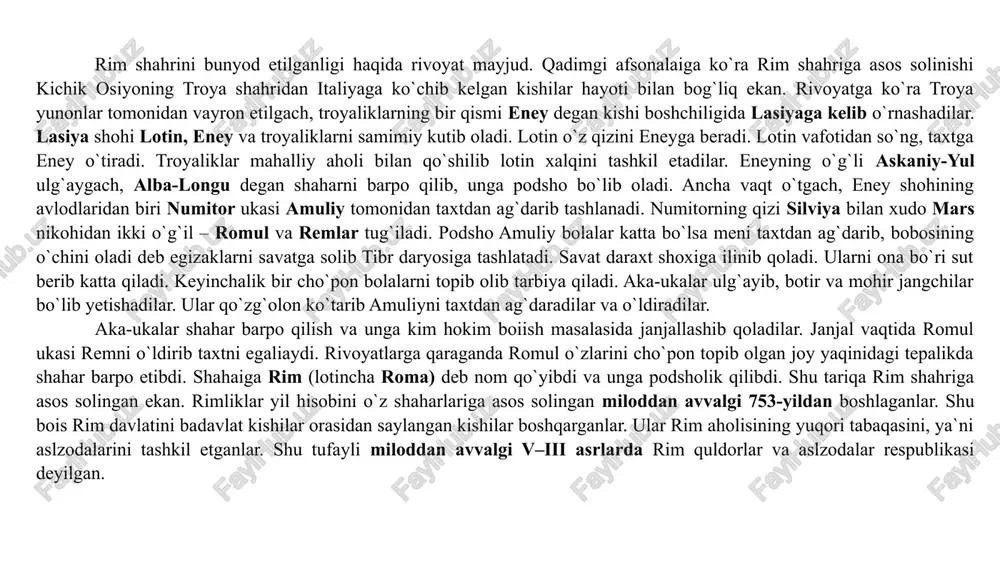 ijtimoiy-iqti­sodiy taraqqiyotida asos bo‘lib xizmat qilgan ilk davlat muassa­salari shakllanadi. 2. ilk respublika davri (mil.avv. v–iii asrlar). u italiyada quldor­lik jamiyati va davlatining uzluksiz taraqqiyoti bilan belgilanadi. 3. so‘nggi respublika davri (mil.avv. ii–i asrlar). bu davrda klassik qulchilik shakllanib, rim o‘rtayer dengizi davlati tash­kil topadi. 4. ilk imperiya yoki prinsipat (milodiy i–ii asrlar) davri. bu davr rim imperiyasining oltin davri. o‘rtayer dengizi antik sivi­lizatsiyasining gullab-yashnashi, iqdisodiyot va madaniyatning o‘sishi bilan belgilanadi; 5. umumiy tushkunlik. rim imperiyasining yemirilish xavfi (milodiy iii asr). bu davrda rim jamiyatining barcha tuzilma­larida kuchli tushkunlik belgilari yaqqol ko‘rinadi va rim dav­latchiligining halokati xavfi tug‘iladi; 6. so‘nggi rim imperiyasi yoki dominat (milodiy iv–v asrlar). bu davr quldorlik jamiyatining yemirilishi, uning bag‘rida feo­dalizmning ilk belgilari shakllanishi va g‘arbiy rim imperiyasi­ning qulashi bilan belgilanadi. ilk rim respublikasi 1..etrusklar va rim 2. ilk respublika davrida davlat qurilishi 3. er. avv. vi—iii asrlarda italiyaning iqtisodiyoti. 4. rimni italiyani bosib olishi. etrusklar …