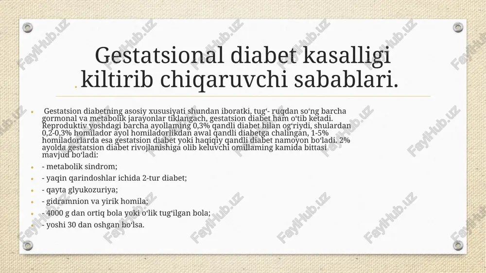 ge11.jpeg image3.png ce > birinchi trimestr ikkinchi trimestr i diagnostika haddan tashqari erkin glyukoza metabolik o'zgarishlar immunitetning buzilishi yallig'lanish regulyativ t hujayralari disfunktsiyasi proteinopatiya galektinlar ‘semirib ketish yura jon tomir kasalliklari qandli diabet ‘semirib ketish yurak-gon tomir kasallikla qandli diabet katta homila yelka distosiyasi an kraxmalsiz sabzavotiar mevalar foydali . yog'lar yog'liligi kam sut mahsulotlari = oasil saqlovchi mahsulotiar dukkaklilar va kraxmalli =o @® adipose tissue dysfunction gut dysbiosis —— ») placental dysfunction i = al ss liverayerunenon skeletal muscle ayanination . s e ~~ = hyperglycemia in pregnancy maternal and fetal complications istivainm)i lvauaozvn iniz.o - z.o /docprops/thumbnail.jpeg © gestatsion diabet rotriglosa gulhasys2-kors 252-guruh labs