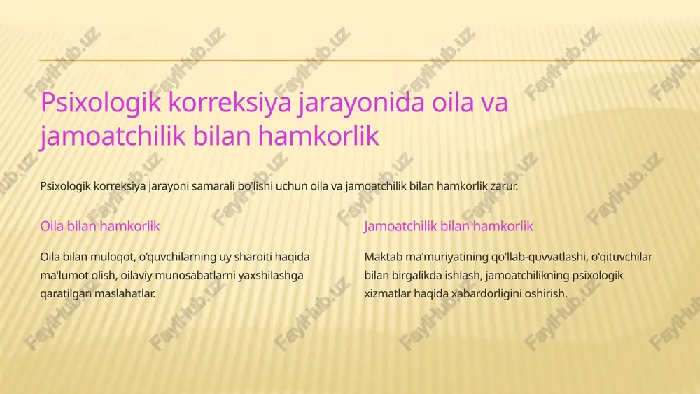 malarni rivojlantirish: guruhli art-terapiya seanslari orqali munosabatlarni yaxshilash. - psixologik barqarorlik: ruhiy salomatlikni yaxshilash va hissiyotlarni tartibga solish. art-terapiya turli yoshdagi odamlar uchun mos keladi va uzoq muddatli psixologik yordam ko'rsatishning samarali usuli hisoblanadi. psixologik korreksiyaning ahamiyati: - o'quvchilarning psixologik salomatligini saqlash. - akademik muvaffaqiyatni oshirish. - ijtimoiy munosabatlarni yaxshilash. - o'zini anglash va o'zini rivojlantirishga yordam berish. xulosa va tavsiyalar xulosa: ta'lim muassasasi psixologining psixologik korreksiya faoliyati bolalarning psixologik salomatligini mustahkamlash, ularning shaxsiy rivojlanishiga yordam berishda muhim rol o'ynaydi. tavsiya: psixologik korreksiya faoliyatining samaradorligini oshirish uchun individual yondashuv, zamonaviy texnologiyalarni qo'llash, oila va jamoatchilik bilan hamkorlikni kuchaytirish kabi choralarni amalga oshirish kerak. 15 image3.jpeg image4.jpeg image5.jpeg image6.jpeg image7.jpeg image8.png image9.png image10.png image11.jpeg image12.jpeg image13.jpeg image14.png image15.png image16.png image17.png image18.jpeg psychoterapia = i neluncblens \ . # i identify oe a your problem inants tito ab