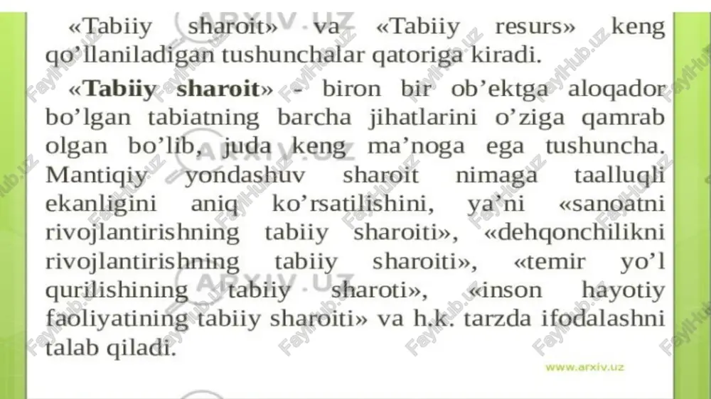 ya «awaw bocmtacm» aerah mabhohn gepagn. + ta6uni pecypce ferahg@a mhcohhmht xaéth, xykanuk cbaonuatu y4yh kepak 6ynrah 6apya ta6unn kucmnap, xogucanap, *kapaéunap tywyhunagu. xunma-xun ta6uni pecypcnap kamuuat mabxkyanmrmhmht acocun mahoanapu xnco6nahagnu. «ep» ge6 hommahrah kocmmk kemagja gapya 3apyp wapoutnap ba cbasorupnap y4yh xammma kepaknu maxcynotnap myxavégup. «tabiiy \sharoit»’-va- «tabiiy resurs» keng qo’ llaniladigan tushunchalar qatoriga kiradi. «tabiiy sharoit» - biron bir ob’ektga alogador bo’lgan tabiatning barcha jihatlarini o’ziga qamrab olgan bo’lib, juda\kengy ma’noga ega tushuncha. mantiqiy “yondashuv sharoit —nimaga _ taalluqli ekanligini aniq ko’rsatilishini, ya’ni «sanoatni rivojlantirishning tabiiy sharoiti», «dehqonchilikni rivojlantirishning tabiiysharoiti», «temir yo’! qurilishining ~ tabiiy -~sharoti», «inson hayotiy faoliyatining tabiiy sharoiti» va h.k. tarzda ifodalashni talab qiladi. wwwarxiv.uz ©. ta6uni pecypcnap [sie] fe sg na + ta6uni pecypcnap tyravauran ba ramaiquran rypyxnapra axpatunagn. ravavran ba thknahmavauran pecvncnaas kasunma gounuknap knpaan. ‘cmmmmk ba xaambohnaap, tynpok, cyb ba apm muhepan pecypcnap tyraauran, twknahagmran pecypcnap xnco6nanamn. kyéw pagnaumacn, [yhé okeahu cysbnapy …