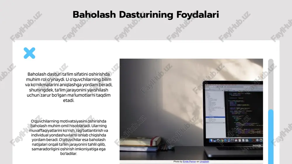 iklarni o'z ichiga oladi. 01 02 03 ta'lim sifatiga ta'siri xalqaro baholash amaliyotlarining ta'lim sifatiga ta'siri xalqaro baholash tizimlari (pisa, timss) ta'lim sifatini oshirishda muhim rol o'ynaydi, dasturlarni takomillashtirish va o'qituvchilar tayyorlash uchun asos bo'lib xizmat qiladi. o'quv dasturlarining takomillashuvi baholash natijalari o'quv dasturlarini yangilash va yangi metodlarni ishlab chiqishda yordam beradi. o'qituvchilarni tayyorlash natijalar o'qituvchilarning malakasini oshirish uchun seminar va kurslarni yo'naltiradi. photo by charlesdeluvio on unsplash 01 02 03 amaliyotlar va tajribalar pisa va timss kabi xalqaro baholash dasturlari matematika, fan va o'qish bo'yicha o'quvchilarning ko'nikmalarini baholaydi. o'zbekiston xalqaro baholash amaliyotlarida faol ishtirok etadi, natijalar ta'lim sifatini oshirish uchun ishlatiladi. natijalar tahlili yordamida ta'lim strategiyalari ishlab chiqiladi, o'quvchilarning kuchli va zaif tomonlari aniqlanadi. kelajakdagi yo'nalishlar kelajakdagi yo'nalishlar: innovatsion yondashuvlar, texnologiyalarning roli, ta'lim tizimlarining global integratsiyasi va o'quvchilarning individual yondashuvi. bu yo'nalishlar ta'lim sifatini oshirish va xalqaro standartlarga moslashishda muhimdir. photo by clint patterson on unsplash xalqaro baholash natijalari …