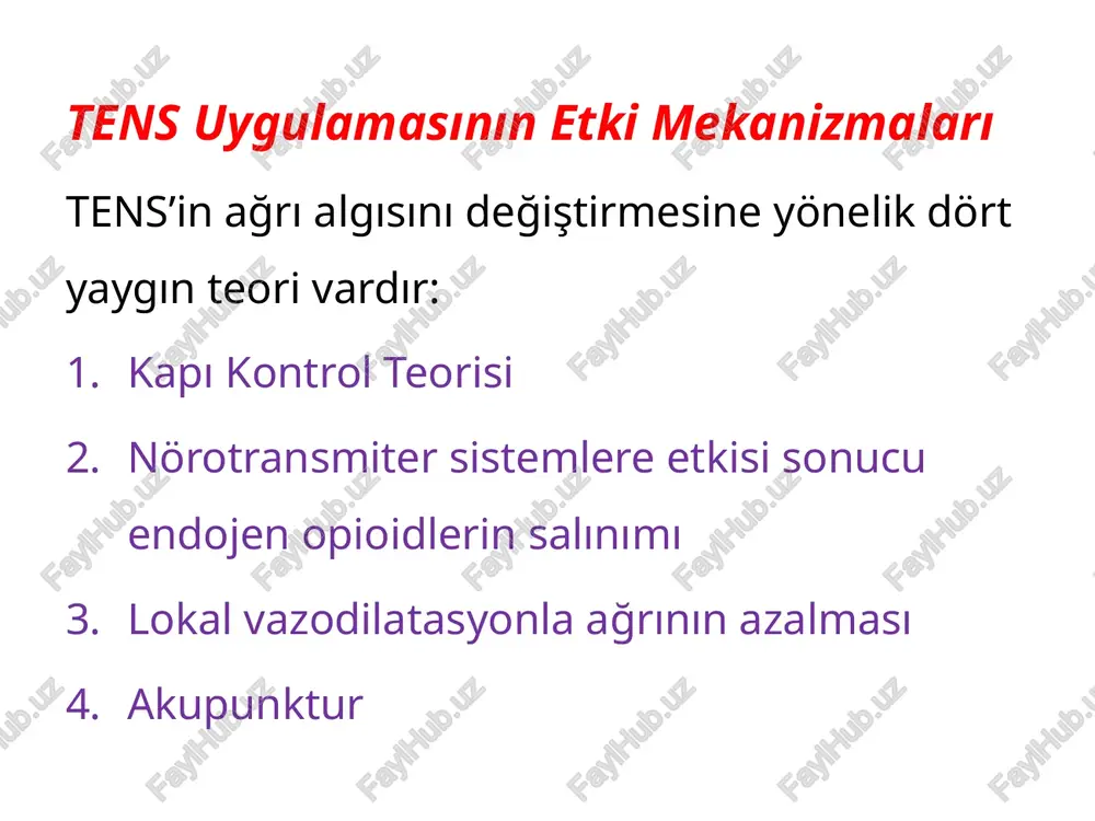 osteoartrit ankilozan spondilit.. ağrılı ve çeşitli jinekolojik sorunlar dismenore doğum esnası ve doğum sonrası ağrı tens endi̇kasyonlari - ii stroke sonrası omuz / kol ağrısı spastisitenin azaltılmasında parapleji sonrası ağrı bel ağrısı myofasyal ağrı sudeck atrofisi nevraljiler (herpes, trigeminal…) tens endi̇kasyonlari - iii periferal nöropatiler nöropatik ağrı migren / baş ağrısı ortopedik cerrahi girişim sonrasında amputasyon sonrası artroplastilerden sonra total eklem cerrahisi omurga cerrahisi sonrasında tens endi̇kasyonlari - iv toraks / abdominal cerrahi sonrası ürolojik cerrahi diş hekimliğinde fasyal ağrı kraniofasyal ağrı temporamandibuler ağrı akut orofasyal ağrı angina pectoris (unstabil, kronik ısrarlı) kırık sonrasında (ekstremite/kaburga …) tens kontrendi̇kasyonlari - uygulamada ortaya çıkan elektriksel interferans nedeniyle kalp pili olan kalp hastalarında (cihazın fonksiyonunu etkileyebilir) - kalbin yakınındaki torasik alanlara (aritmi ve fibrilasyon tehlikesi nedeniyle) –hamilelikte karın, gövde ve pelvis üzerine –mikrodalga fırınlarının yakınında tens uygulanmamalıdır. –karotid sinüslerin uyarılması sonucu hipotansiyona yol açabileceğinden boyun bölgesinde kontrendikedir. –elektronik cihaz implante edilmiş hastalar –larinks …