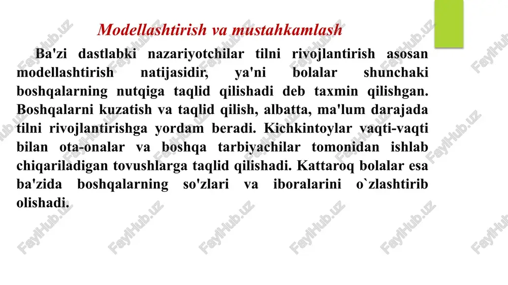 tadqiqotchilar bolalarga so'z ma'nolarini o'rganishda yordam berish uchun o'qituvchilar, ota-onalar va boshqa tarbiyachilar foydalanishi mumkin bo'lgan bir nechta strategiyani aniqladilar: • kichkintoylar va maktabgacha yoshdagi bolalar bilan muntazam ravishda suhbatlashib turing. hatto yosh bolalar gaplashmasa ham ona tilini eshitishdan ko'p narsalarni o'rganadio'qituvchilar bolalarga oddiy gaplarini batafsil bayon qilishlariga imkon berishlari, vaqti-vaqti bilan bolalarning suhbatda yetakchilik qilishiga imkon berishlari kerak. o'zgarishlar bering. bolalar maktab yoshiga kirganda so'zlarning lug`aviy ma`nolarini teran anglay boshlaydilar. lug`at ustida ishlash, notanish so`zlarni lug`atga kiritish kabi mashqlar yaxshi samara beradi. • misollar keltiring. bir nechta misollarni ko'rsatganda bolalar ko'pincha so'zni aniqroq tushunishadi. bunday misollar bir-biridan imkon qadar farq qilishi kerak, shunda ular so'zning butun doirasini aks ettiradi. bolalar so'zlarni noto'g'ri ishlatganda fikr bildiring. so'z ma'nolari haqidagi noto'g'ri tushunchalar bolalar nutqida va yozuvida yaqqol namoyon bo`ladi. zukko o'qituvchilar nafaqat bolalarning so'zlarini, balki ularni qanday talaffuz qilayotganliklarini ham diqqat bilan tinglaydilar, shuningdek, bolalar o'z yozuvlarida so'zlardan qanday foydalanayotganliklariga e'tibor …