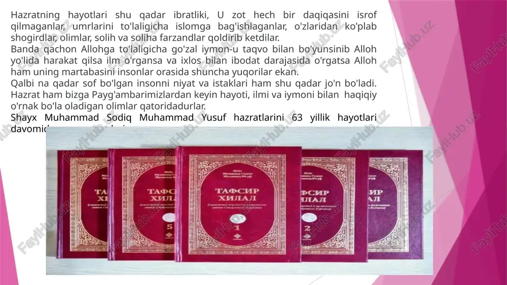 g “kitabul-birri vas-sila” asarining tarjima va sharhi); 21. islomning madori boʻlgan hadislar rukni (kichik 4 jild); 22. iymon; 23. islomda inson huquqlari; 24. islomda ekologiya; 25. vasatiya – hayot yoʻli; 26. mukammal saodat yoʻli; 27. oila farogʻat qasri; 28. baxtiyor oila; 29. ijtimoiy odoblar; 30. islom – sof tabiat dini; 31. din nasihatdir; 32. bozor va unga bogʻliq masalalar; 33. qarz va unga bogʻliq masalalar; 34. folbinlik, sehrgarlik, jin chiqarish va noanʼanaviy davolash kabi ishlar haqiqati; 35. yolgʻon; 36. isrof; 37. shoyadki taqvodor boʻlsak; 38. moʻminning meroji – mufassal namoz kitobi (kiril va lotin alifbolarida); 39. ramazonni qarshilab; 40. hidoyat imomi - imom abu mansur moturidiy; 41. samarqandning sara ulamolari; 42. ochiq xat; 43. keksalarni eʼzozlash; 44. sogʻlom bola; shahodat va yorliqlari: 1. imom buxoriy nomidagi toshkent islom instituti shahodatnomasi; 2. “islomiy daʼvat kulliyasi” oliygohining arab tili va islomiy ilmlar boʻyicha “litsensiat” shahodatnomasi, 1980-yil; 3. liviya jamohiriyasi tomonidan berilgan “buyuk …