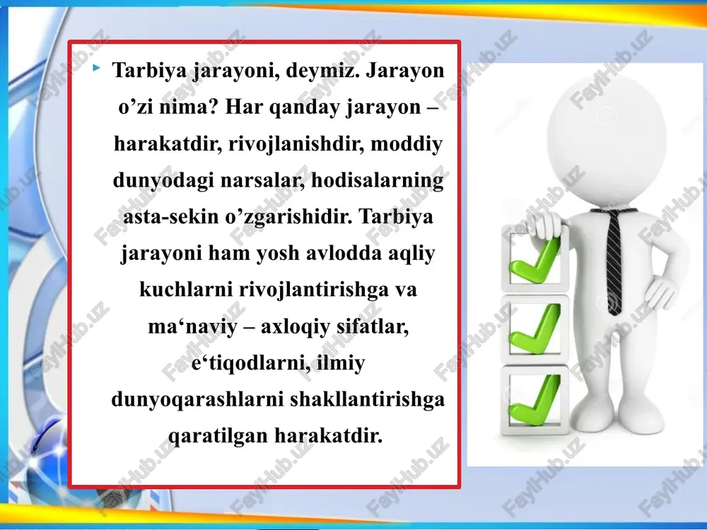 asosida tarbiyalashdir. o`zbekiston maktablari o`quvchilarini milliy tarbiyalash mezonlari mustaqillik tufayli dolzarb ahamiyat kasb etgan, shaxsning milliyligiga aloqador bo’lgan fazilatlarni singdirish tamoyillaridan kelib chiqadi.milliy tarbiya mezonlarini belgilashda mustaqil o`zbekistonning ijtimoiy buyurtmasi bo’lgan ijobiy sifatlar: milliy tarbiya nima? milliy iftixor, vatanparvarlik, millatlararo muloqot madaniyati, milliy odob, iymon-e‘tiqod, milliy istiqlol mafkurasining asosiy g’oyalarni singdirishni; ularning aksi bo’lgan salbiy sifatlar; milliy befarqlik, xoinlik, vatanfurushlik, millatchilik, vijdonsizlik, mafkurasizlik kabilarga nafrat uyg’otish zarur. o`quvchilarning milliy tarbiyalanganlik ko’rsatkichlari, mezonlari qaysilar bo’lishi kerak? bu ko’rsatkichlar quyidagilar: o`zbekiston vatanim mening. vatanparvarlik; o`zbekistonning tabiiy, milliy, ma‘naviy xususiyatlarini bilish; vatanimizning o’tmish tarixi, hozirgi hayoti va kelajagi haqida tushunchalarga ega bo’lish; o’zbek xalqining qahramon farzandlarini bilish, davlat ramzlarini bilish. milliy g’urur asoslari. o’zining o’zbek millatiga mansubligi anglash, faxrlanish; milliy burchlarini anglash, ona tilini sevish; milliy odob. barchani sizlash, o’zidan kattalarga xurmat, ota-onalarga xurmat; vatanni sevish-iymondandir image2.png image3.png image4.jpeg image5.jpeg image6.jpeg image7.jpeg image8.jpeg image9.jpeg image1.jpeg aaa ee ae _e’tiboringiz uchun / rahmat !! …