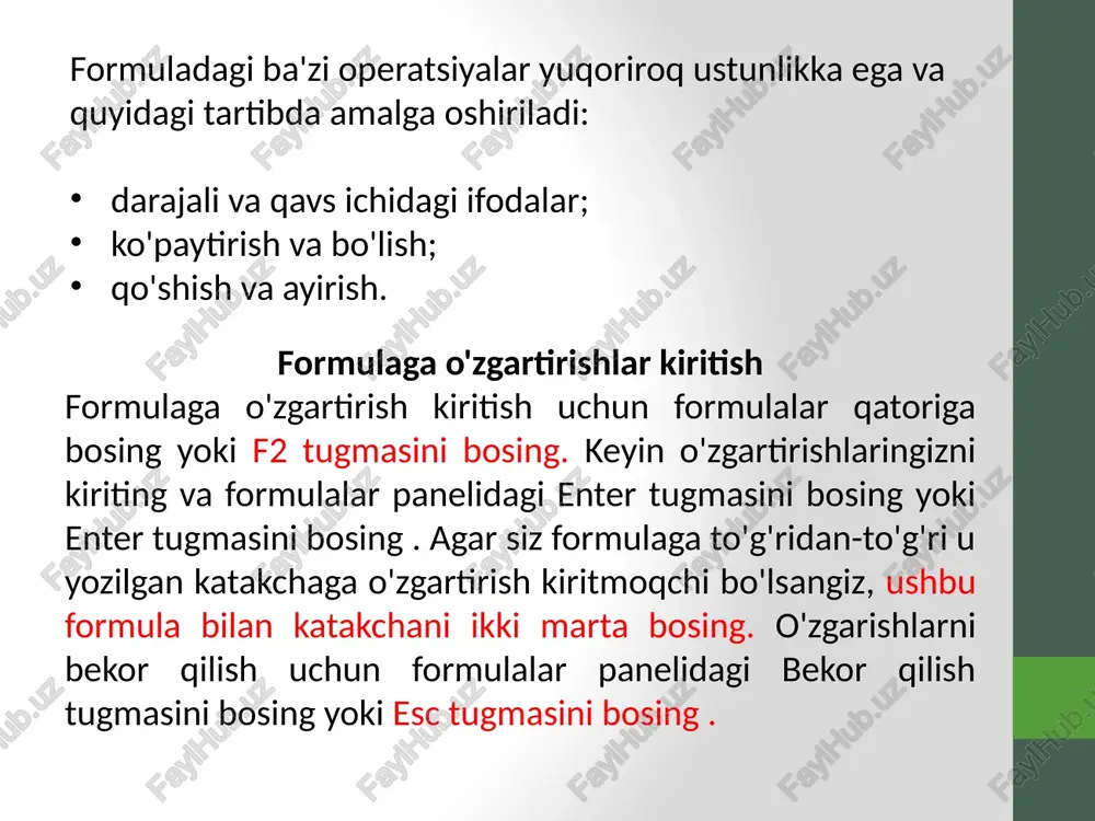 pufakchali diagrammalar — tarqalish sxemasining bir turi boʻlib , unda maʼlumotlar nuqtalari pufakchalar bilan almashtiriladi, ularning oʻlchamlari qoʻshimcha (uchinchi) maʼlumotlar oʻlchovi boʻlib xizmat qiladi ; birja jadvallari - stavkalar bo'yicha uch, to'rt, besh qiymatli ma'lumotlar to'plamini ko'rsatadi; silindrsimon - silindr shaklida ustunli gistogrammalar (vertikal va gorizontal); konus - konus shaklida gistogrammalar (vertikal va gorizontal); piramidal - piramidalar ko'rinishidagi ustunli gistogrammalar (vertikal va gorizontal); nostandart; nostandart diagrammalar - standart sxemalarning turli badiiy yechimlari, ularni birlashtirish • ctrl + backspace - faol katakka qaytish (aylantirishda); • ctrl + page up – kitobning oldingi varag‘iga o‘tish; • ctrl + page down – kitobning keyingi varag‘iga o‘tish; • ctrl + tab - ochiq kitoblar o'rtasida almashish; • ctrl + space(probel) - joriy ustunni ajratib ko'rsatish; • shift + space(probel) - joriy qatorni ajratib ko'rsatish; • ctrl + a - joriy hududni tanlash; • ctrl + end - varaqning oxirgi katagiga o'tish; • ctrl + …