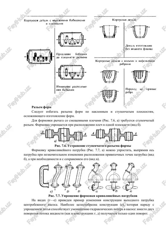 nosti i jestkosti detali i udobstva ekspluatatsii. otkritaya konstruktsiya (b) krishki proshe v otoplenii, chem konstruktsiya (a), trebuyushaya sterjnevoy formovki. odnako poslednyaya konstruktsiya imeet bolee krasiviy vneshniy vid: gladkost narujnix ochertaniy oblegchaet uxod za mashinoy. ris. 7.9. sterjnevaya i bessterjnevaya formovka: a, 6 - krishka; v. g. – kronshteyn; d, e - richag; j, z — korpus; i, k — perexodnik; l, m – rotor; n, o - korpus podshipnika otkritaya konstruktsiya (m) karuseli proshe; izgotovlenie ee deshevle. odnako korobchataya konstruktsiya (l), trebuyushaya primeneniya sterjney, znachitelno prochnee i jestche. v drugix sluchayax, naoborot, bolee deshevaya konstruktsiya okazivaetsya bolee prochnoy i udobnoy. tak, korpus podshipnika bessterjnevoy formovki (vid o) bolee prochen i krasiv, chem sterjnevoy (vid p). formovka vnutrennix ploskostey s pomoshyu bolvanov ogranichivaetsya predelnoy visotoy bolvanov. pri obichnom sostave formovochnix smesey visotu nijnix bolvanov rekomenduetsya delat n < 0,8s, a verxnix (visyachix) bolvanov h < 0,3s, gde s i s …