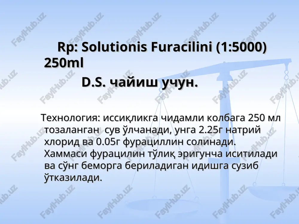 eb 200s 1,0 g modda eritilganda eritmaning hajmi qanchaga oshishini ko'rsatadigan ko'rsatgichga aytiladi. bu usulda foydalanilganda o'lchov idishlaridan qo'llash kerak emas. texnologiyasi: yordamchi idishga 946ml yangi qaynatilgan (sovutilgan) tozalangan suv o'lchanadi va unda 200g kaliy bromid eritiladi. eritma qo'ng'ir rangli idishga filtrlanadi, taxlil qilinadi, jihozlanadi. 3. eritmani uni zichligini hisobga olgan xolda tayyorlash (og'irlik usuli) 20% kaliy bromid eritmasining zichligi ρ -1, 144g/ml teng. agar: p=v*d demak: bu eritmaning 1l 1144.0 g og'irlikga teng ushbu usulda kaliy bromid eritmasi og'irlik bo'yicha olingani sabali, suv ham og'irlik bo'yicha hisoblanadi 1144,0-200,0=944,0 g. bunda eritmaning hajmi 1l ga , og'irligi esa 1144,0 g ga teng. texnologiyasi: yordamchi idishga 944 g (ml) yangi qaynatilgan (sovutilgan) tozalangan suv o'lchanadi va unda 200g kaliy bromid eritiladi. eritma qo'ng'ir rangli idishga filtrlanadi, tahlil qilinadi, jihozlanadi. kontsentrlangan eritmalarni suyultirish va quyultirish usullari miqdoriy tahlil natijalariga asoslanib, ba'zi xollarda kontsentrlangan eritmalar kerakli kontsentratsiyaga etkazish uchun suv bilan suyultiriladi yoki …