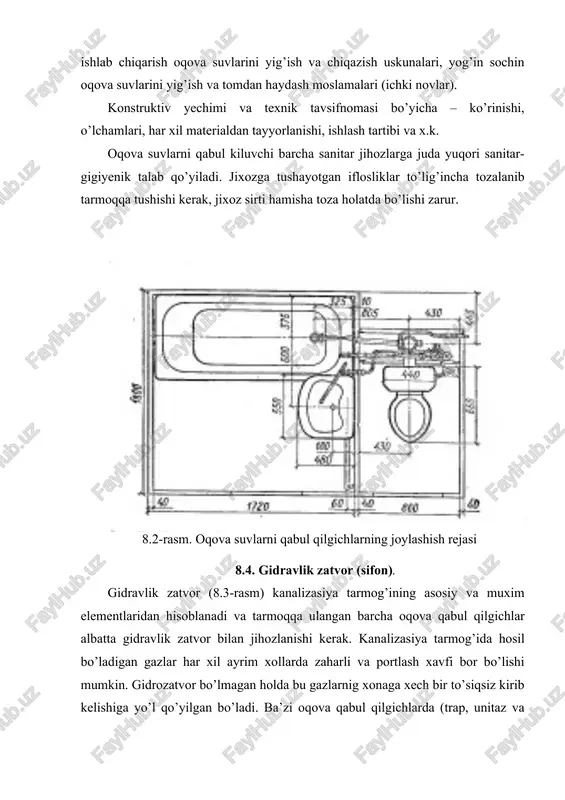 suv tezligi, m/s u quvur ko’rinishdagi reviziyali diametri 50 mm li chuyan gidrozatvorlar sifonlar keng tarqalgan. keyingi yillarda plastmassa butilkali sifonlar ham ishlatila boshlandi. 8.3-rasm. gidrozatvorlar tasviri a) vanna uchun; b) reviziyali; v) to’g’ri reviziyali; g) plastmassadan 8.5. yuvish qurilmalari. sanitar jixozga tushgan iflosliklarni ketkazish va suvni jixoz chashasiga haydash uchun yuvish bachkalari va kranlar ishlatiladi. yuvish suvi katta tezlikdagi oqim bilan yuvish bachkalari yoki krandan sanitar jixozning chashasiga kelib tushadi. oqimning kerakli kinetik energiyaga ega bo’lgan bir qismi iflosliklarni yuvadi va gidravlik zatvor orqali kanalizasiya tarmog’iga olib ketadi, ikkinchi qismi esa jixozning yon tirqishlari yoki teshikchalari orqali utib jixozning ichki devorlari sirtini yuvadi, chayqaydi. hisob bo’yicha sanitar jixozning samarali ishlashi uchun bitta yuvishga 6,5….7,5 l suv talab etiladi. yuvish bachkalarini (8.4-rasm) joylashishiga, ishlash usuli va konstruksiyasiga qarab guruhlarga ajratish mumkin. yuvish bachkalarining joylashish joyiga qarab: yuqori o’rnatilgan, o’rtacha va past joylashgan. yuvish bachkasi bilan bevosita birlashtirilgan unitaz «kompakt» deyiladi. …