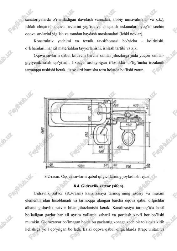 suv tezligi, m/s u quvur ko’rinishdagi reviziyali diametri 50 mm li chuyan gidrozatvorlar sifonlar keng tarqalgan. keyingi yillarda plastmassa butilkali sifonlar ham ishlatila boshlandi. 8.3-rasm. gidrozatvorlar tasviri a) vanna uchun; b) reviziyali; v) to’g’ri reviziyali; g) plastmassadan 8.5. yuvish qurilmalari. sanitar jixozga tushgan iflosliklarni ketkazish va suvni jixoz chashasiga haydash uchun yuvish bachkalari va kranlar ishlatiladi. yuvish suvi katta tezlikdagi oqim bilan yuvish bachkalari yoki krandan sanitar jixozning chashasiga kelib tushadi. oqimning kerakli kinetik energiyaga ega bo’lgan bir qismi iflosliklarni yuvadi va gidravlik zatvor orqali kanalizasiya tarmog’iga olib ketadi, ikkinchi qismi esa jixozning yon tirqishlari yoki teshikchalari orqali utib jixozning ichki devorlari sirtini yuvadi, chayqaydi. hisob bo’yicha sanitar jixozning samarali ishlashi uchun bitta yuvishga 6,5….7,5 l suv talab etiladi. yuvish bachkalarini (8.4-rasm) joylashishiga, ishlash usuli va konstruksiyasiga qarab guruhlarga ajratish mumkin. yuvish bachkalarining joylashish joyiga qarab: yuqori o’rnatilgan, o’rtacha va past joylashgan. yuvish bachkasi bilan bevosita birlashtirilgan unitaz «kompakt» deyiladi. …