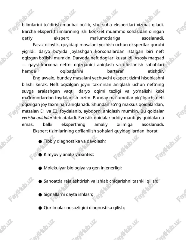 laydi. bu tizimlar klinik diagnostika, davolash strategiyalarini belgilash va bemorlar uchun individual davolash rejalarini ishlab chiqish jarayonida qo‘llaniladi. ekspert tizimlari, tibbiyotda, ayniqsa, o‘ziga xos va murakkab tashxislar qo‘yishda yordam beradi. bunday tizimlar o‘z ichiga bilimlar bazasini, mantiqiy xulosalar chiqarish bloklarini, tushuntirish mexanizmlarini va foydalanuvchi interfeyslarini o‘z ichiga oladi. tibbiy diagnostik tizimlar, masalan, mycin tizimi, bemorning alomatlari va simptomlari asosida eng mos keladigan tashxisni aniqlashga yordam beradi. mycin tizimi 1970-yillarda stendford universitetida ishlab chiqilgan bo‘lib, meningit yoki bakterial infeksiya kabi kasalliklarni aniqlash va davolashda qo‘llaniladi. bu tizim mutaxassis vrach kabi diagnoz qo‘yish imkoniyatiga ega va kengaytirilgan bilimlar bazasiga ega, shuningdek, tibbiy sohalarda qo‘llanishi uchun samarali vosita hisoblanadi. ekspert tizimlari o‘zining tuzilishi va ishlash prinsiplari bo‘yicha muayyan komponentlarga ega. bu tizimlarning eng asosiy komponentlaridan biri – bilimlar bazasi. bilimlar bazasi tibbiyotdagi eng so‘nggi bilimlarni, tasavvurlarni va amaliy tajribalarni o‘z ichiga oladi. bu bazada saqlanadigan qoidalar, ma’lumotlar va amaliy bilimlar, tizimga to‘g‘ri tashxis …