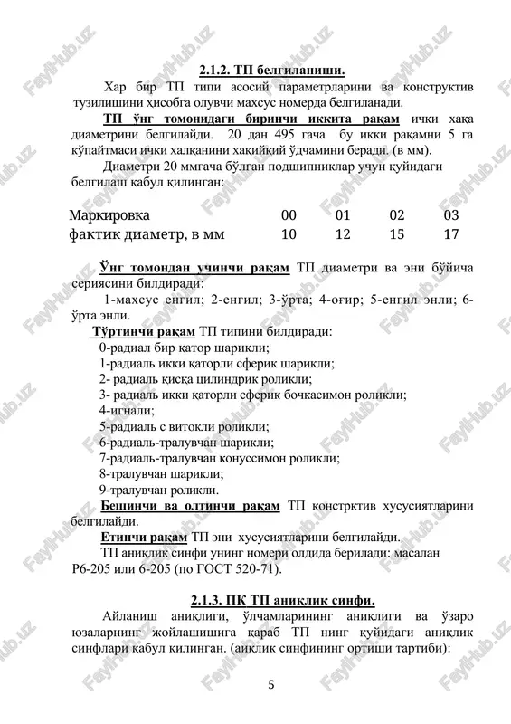 chi eni, qaysiki podshipnik eni orqali aniqlanadi. ( ris . 2 . 1 ). k1 – o'tqazish dinamik koeffitsient, kuchlanish xarakteridan kelib chiqib quyidagiga tengdir [tabl. № 1 pril. 2.11.2.] : - yuklanish 150 % gacha, so'nuvchi silkinishli va tebranishli xolatda k1 = 1; - yuklanish 150 % dan yuqori, kuchli zarb va titrashli jolatda k1 = 1,8. k2 – natyagli o'tqazishda val konstruktsiyasidan kelib chiqib kuchsizlanish darajasini hisobga oluvchi koeffitsient. val yupqa devorli, yarimto'liq, to'liq bo'lishi mumkin. to'liq vallar uchun k2=1, boshqa xollarda diametrlar nisbatiga qarab olinadi domb /d i d/d- vala uchun (ris.2.2, 2.3), d/dkop - korpusa uchun (ris.2.4) qo'llanmadagi tablitsalardan (tabl. № 9,5 [1] , tabl. № sh-15, tabl. № 4.80 [3]). [tabl.№ 2 pril. 2.11.2.] kz - koeffitsient uchitivayushiy neravnomernost raspredeleniya radialnoy nagruzki mejdu ryadami rolikov v dvuxryadnix konicheskix rolikopodshipnikax ili mejdu sdvoennimi sharikopodshipnikami pri nalichii osevoy nagruzki fa bo'ylama kuchli ikki qatorli sharikli, rolikli podshipniklarda …