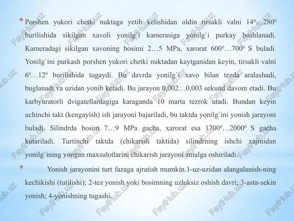 xaydalanuvchanligi, surilishi kirib uning faktorlariga (loykalanish, kristallanish, muzlash) darajalari kiradi. 5. dizel yonilg`ilarini korroziyalash va qurum xosil qilish xususiyatlari dizel yonilg`ilarining nagar xosil kilishiga kuyidagi faktorlar ta’sir kursatadi: fraksion tarkibi yaxshi bulmaganligi natijasida tuligicha yonmaslik, yopishkokligi balandligi, tarkibida kup malekulali smola-asfalt aralashmasi bulishi, oltingugurt aralashmalari va mexanik zarrachalar borligidir. yonilg`ilarning nagar xosil kilish kursatgichlari kuyidagilar xisoblanadi: kokslanish, lak xosil kilishi, yod soni va yonmaydigan mineral zarrachalar (zola). kokslanish yoki koks soni maxsus priborda aniklanadi va ulchab olingan yonilg`ining ogirligiga nisbatan % xisobida belgilanadi. bu birlik urtacha 0,05....0,3% oraligida bulishi kerak. 6. dizel yonilg`ilarining turlari va markalari dizel yonilg`ilari dast 305-82 asosida uch xil markada ishlab chikariladi. l – yozgi; z – kishki; a – arktik. yonilg`ining rangi ochik jigarrang moysimon suyuklik bulib, zichligi 780…860 kg/m3 ga teng, neftni tugridan-tugri xaydash yuli bilan olinadi. uning tarkibiga 150-3600 s gacha xaroratda kaynaydigan neft fraksiyalari kiradi. l – yozgi yonilg`ilar tashki muxit xavosining …