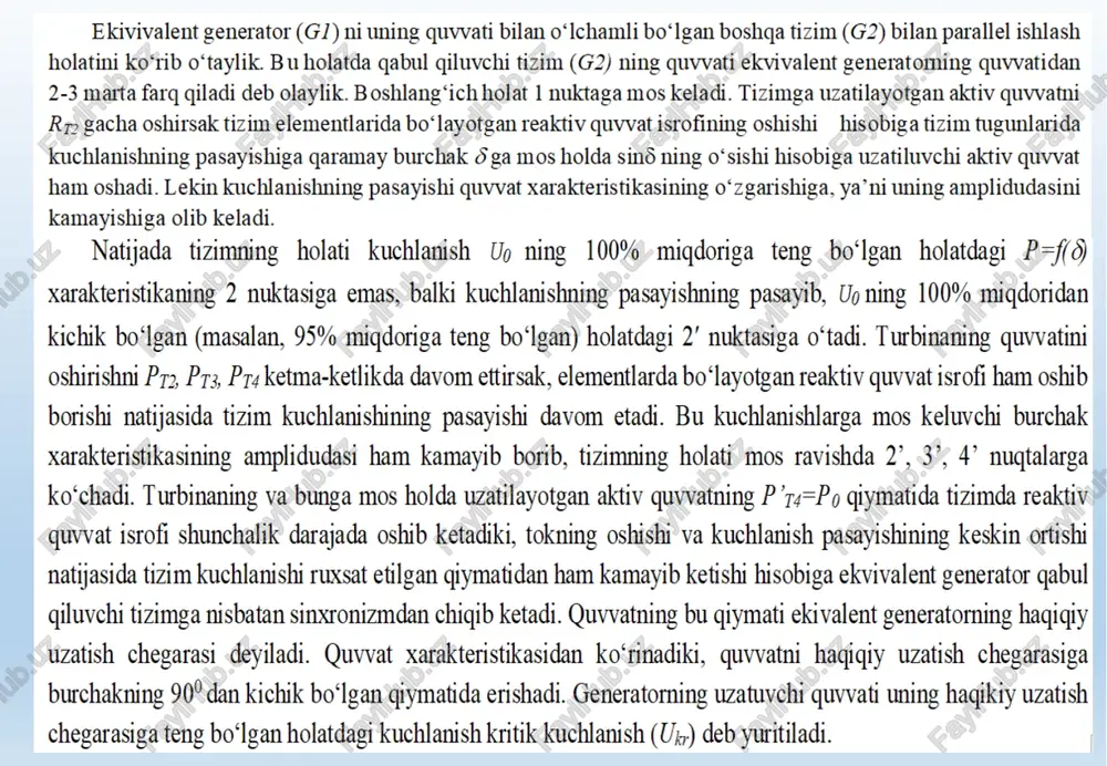 siri. @ 8 31 90° 8» 83 rape 8 3.7- rasm. elektr tizimining quvvat uzatish chegarasiga qarning ta’siri. elektr tizimida aktiv kuvvatning haqiqiy uzatish chegarasini hisoblash uchun uning almashtirish sxemasini 3.8-4,a- rasmdagi ko’rinishda tuzib olamiz. hamma qarshiliklami o’zgarmas va tizimning holatiga bog’ liq emas deb olamiz. bu yerda qabul qilinadigan asosiy faraz yuklamalaming qarshiligini o’zgarmas deb olinishidir (zy=sonst). bu faraz aktiv quvvatni haqiqiy uzatish chegarasini hisoblash uchun ustma-ust qo’yish usulini qo’llash imkonini beradi (3.8,b,v- rasmlar). zo un, zb z z ea*—l_t la}—*ea ewa tle cs=0 = — h bh x zs eqi=0 80 3.8- rasm. oddiy elektr tizimining almashtirish sxemalari va kuchlanishlari vektor diagrammasi. bu yerda zi, z:- mos holda birinchi va ikkinchi konturning to’la qarshiliklari; zs - yuklamaning to’la qarshiligi zn t6505 qurtjsingu)/sy agar toklaming musbat yunalishini generatordan yuklamaga tomon yo"nalgan deb qabul qilsak quyidagi tengliklarni hosil qilamiz: i=in-in; b= i2-in iu =eo/zi; toa =eoolz2; in = eozi; a1 …