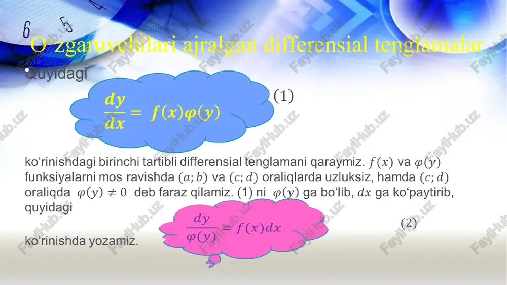 uzluksiz, demak boshlang‘ich funksiyalari p(y) mavjud: dy o( )=(—. foo = | x)dx y oy) f (x) demak, (2) ni ikkita differensialning tengligi deb qaraymiz: d®(y) = df (x) (3) ikkita funksiya differensialining tengligidan (bu yerda y o‘'zgaruvchi x ning funksiyasi deb qaraladi) boshlang‘ich funksiyalar o‘zgarmas songa farq qiladi: p(y) = f(x) +c (4) yoki (4) yoki (5) (1) tenglamaning umumiy integrali bo‘ladi. haqgiqatan ham (4) munosabatni quyidagicha yozib olsak, g(x,y) = f(x)-®(y)-c=0 (6), g(x,y) funksiya oshkarmas funksiya haqgidagi teorema shartlarini qanoatlantiradi: g, = f(x), gy = —sa funksiyalar ax 2(x) # 0 ifodaga bo'lish yo'li bilan uni o‘zgaruvchilari ajralgan tenglamaga keltirish mumkin. m,(x) n2(—) x dy =0 m2 (x) ni(y) ya'ni, (4) ko‘rinishdagi tenglamaga ega bo‘lamiz. misol. 1) quyidagi y’ = xy +x+y+1 tenglamaning umumiy yechimi topilsin. berilgan tenglamani dy dy =x +d+y+)> == (x+ 1+) ko'rinishda yozib olamiz. bu tenglama o‘zgaruvchilari ajraladigan tenglamadir. y + —1 deb faraz …