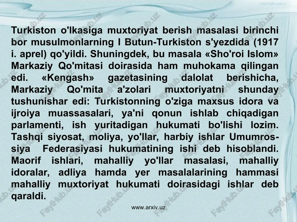urkistonning ilg'or jadid ziyolilari va qadimgilari orasidagi ziddiyatlar milliy ozodlik kuchlari safida parchalanishga olib keldi. tashkiliy jihatdan bu xol 1917 yil iyun oyining o'rtalarida «sho'roi islom» tashkilotidan ajralib chiqib, «sho'roi ulamo» jamiyati tuzilishida ifoda­landi. «sho'roi ulamo» jamiyati a'zolari ruhoniyat tarafdorlari bo'lib maydonga chiqdilar. ular o'z g'oyalarini targ'ibot qilish uchun «al-izoh» jurnalini chiqara boshladilar. jurnal noshiri va muharriri abdumalik hoji nabiyev bo'lib, uning birinchi soni 1917 yil 19 iyunda chiqqan edi. jurnal sahifalarida asosan diniy masalalarga ko'proq, e'tibor berilib, ahloq, madaniyat, ijtimoiy hayot ruhoniyat nuqtai nazaridan targ'ibot qilindi. www.arxiv.uz www.arxiv.uz 1917 yil kuzida davom etayotgan imperialistik urush natijasida mamlakatda ocharchilik, ishsizlik avj oldi, iqtisodning tanazzuli yanada chuqur­lashdi. bu esa o'z navbatida mehnatkash ommaning noroziligini kuchaytirdi hamda markaz va joylarda hokimiyatning inqiroziga olib keldi. bunday vaziyatdan foydalangan toshkent ishchi va soldat deputatlari soveti (tashsovet)ga kirgan bolsheviklar «butun hokimiyat sovetlarga» degan shiorni ko'tarib chiqdilar va tezda inqilobiy qo'mita tashkil qilishni taklif etdilar. biroq, …