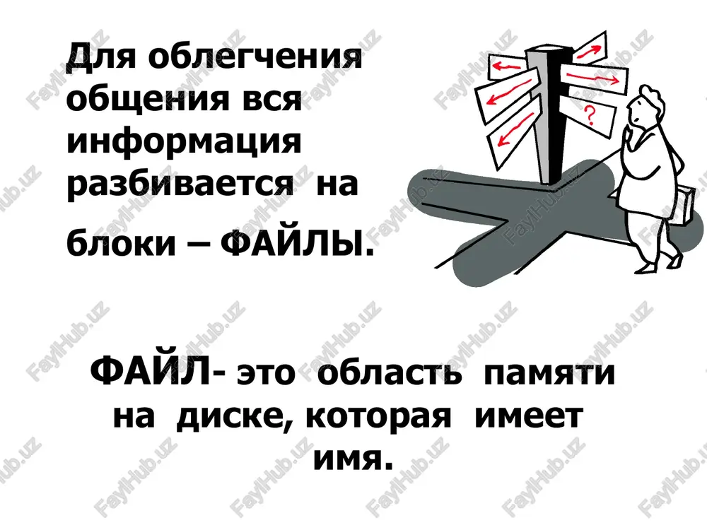 jeniya. shkaf = vinchester polka = logicheskiy disk knigi = papki dokumenti = fayli raspolojenie v kompyutere kornevoy katalog i uroven ii uroven iii uroven put k faylu dlya togo, chtobi nayti fayl neobxodimo ukazat put k faylu. put k faylu nachinaetsya s logicheskogo imeni diska, zatem zapisivaetsya posledovatelnost imen vlojennix drug v druga papok, v posledney iz kotorix soderjitsya nujniy fayl. imena diska i papok zapisivayutsya cherez razdelitel «\». puti k faylam vmeste s imenem fayla nazivayut inogda polnim imenem fayla u kajdogo fayla est svoy adres! adres fayla ili put k faylu – eto posledovatelnost, sostoyashaya iz imyon katalogov (papok), nachinaya ot kornevogo i zakanchivaya tem, v kotorom neposredstvenno xranitsya fayl put k papke «primer 3.2» rabota s faylami i diskami operatsii nad faylami. pri soxranenii fayla na diske vsegda budet zanyato tseloe kolichestvo sektorov, sootvetstvenno, minimalniy ob'em diskovogo prostranstva, kotoroe mojet zanimat fayl, sostavlyaet odin sektor, a …