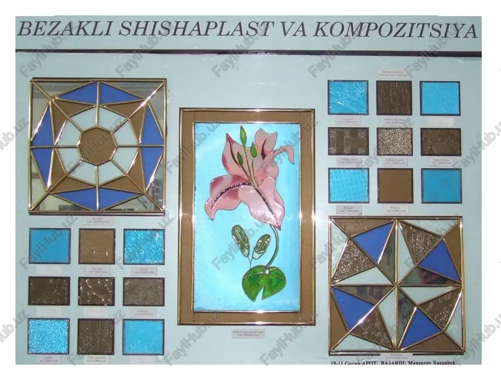 a-sekin sovutib olinadi. toblangan oynaning zarbiy va egilishdagi mustahkamligi oddiy oynaga nisbatan bir necha barobar yuqori. toblangan oyna vitrinalar, eshiklar, balkon, zinapoya to'siqlari va bo'lmalar tayyorlashda ishlatiladi. radioaktiv nurlarga bardoshli oynani shixta tarkibiga qo'rg'oshin, litiy, bor, kadmiy va tseziy oksidlari (0,25-1,5%) qo'shilib tayyorlanadi. bunday oynalar atom elektrostantsiyalarida, reaktor qurilmalari xonalarida, izotoplar tayyorlaydigan korxonalarda ishlatiladi. ko'p qavatli oyna (tripleks) oddiy va armaturalangan bo'lib, asosiy va oraliq (amortizatsiyalovchi) qatlamlardan iborat. bu oyna turi sindirilganda maydalansa ham sochilib ketmaydi. issiqqa bardoshli oyna borosilikatli bo'lib, tarkibida bor, rubidiy va litiy oksidlari bo'ladi. bu oyna turi 2000s haroratga chidaydi va haroratdan chiziqli kengayish koeffitsienti oddiy oynadan 2-3 marta kam bo'ladi (2-4.10-6 0s). 5 bezash oynasi bezash oynasi me'morchilik, dekoratsiya ishlarini bajarishda ishlatiladi. bezash oynasi rangli, yorqin, yaltiroq, atmosfera muhitiga chidamli va mustahkam bo'lishi kerak. bezash panellari oynasi (stemalit) toblangan polirovkalangan qalin oyna (6 mm) ichki yuzasiga rangli keramik bo'yoqlar qoplamasi surtilib olinadi. stemalit jamoat binolari-mehmonxonalar, …