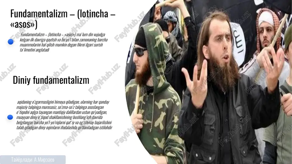 soblash anʼanaviy mazhablarni inkor qilish tayyorladi: a.mirzaev 17 ` xorijiylar o‘z amallariga qo‘shilmaganlarni kofirga chiqarish, ularga qarshi jihod olib borish kabi g‘oyalarni ishlab chiqqanlar. qarmatiylar bu harakat islom qonun-qoidalariga itoat etmaslik, xaj amalini badʼat, budparastlik deb hisoblashlari bilan ajralib turganlar xashoshiylar ular hokimiyat tizgini qo‘lga olish maqsadida o‘zini qurbon qiluvchi manqurtlar – “fidoiylar”dan foydalangan holda 200 yil davomida musulmon olamini larzaga solib kelgan. azraqiylar ularning g‘oyalariga ergashmagan musulmonlarga qarshi “jihod” eʼlon qilish, kishilarni ommaviy qatl etish darajasigacha borganlar. islom niqobidagi ekstremistik oqimlarning g‘oyaviy ildizlari tayyorladi: a.mirzaev radikal so‘zi lotin tilidan olingan bo‘lib, lotincha “radix” so‘zi “ildiz” degan maʼnoni bildiradi, yaʼni, tub, qaʼtiy va keskin choralar, harakatlar, dasturlar tarafdoriga nisbatan bu atama ishlatiladi radikalizm – muayyan shaxs yoki guruhning mavjud ijtimoiy, siyosiy va madaniy holatini tubdan va murosasiz o‘zgartirish istagidan iborat jarayondir radikalizm radikalizm jarayonlari diniy yo‘nalishda ham kuzatilishi mumkin. bunda shaxs o‘z diniy eʼtiqodini haq deb bilib, o‘zgacha eʼtiqodiy qarashlar …