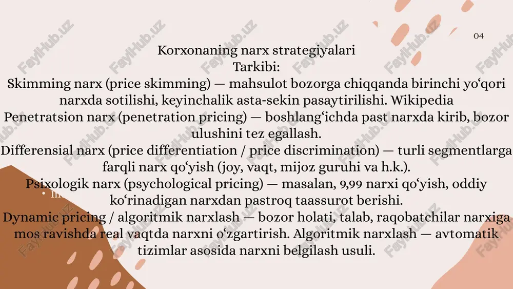 mijozlar hali ham eski narxga o‘rganib qolgan bo‘lishi mumkin. kelishuvlar va chegirmalar — ayrim mijozlar bilan shartnoma chegirmalari narx strategiyasini murakkablashtiradi. bozor tez o‘zgarishi — global, makroiqtisodiy shoklar narx siyosatini tez o‘zgartirishga majbur qiladi. 07 inqiroz, krizis tushunchasi va sabablar asosiy tushunchalar: inqiroz (krizis) — bu korxona yoki tashkilotning odatdagi ishlash holatidan og‘ishib, faoliyati jiddiy xavf ostida qolgan favqulodda holat. inqiroz moliyaviy, tashkiliy, axborot xavfsizligi, texnologik, ijtimoiy, obro‘ (reputatsion) va tabiiy xavf shaklida namoyon bo‘lishi mumkin. sabablar quyidagicha bo‘lishi mumkin: ichki sabablar: noto‘g‘ri strategik qarorlar, rahbariyatdagi inqiroz, moliyaviy boshqaruvdagi xatoliklar, ichki nizolar. tashqi sabablar: iqtisodiy inqiroz, pandemiya, siyosiy beqarorlik, bozordagi keskin o‘zgarishlar, texnologik inqiloblar. 06 inqirozga qarshi boshqaruv tushunchasi va maqsadi tarkibi: crisis management — bu inqiroz holatini aniqlash, unga tayyorgarlik ko‘rish, faol javob berish va keyinchalik tiklanishni rejalashtirishdan iborat boshqaruv tizimi. maqsad: korxona faoliyatini barqarorlashtirish, yo‘qotishlarni kamaytirish, obro‘ni saqlab qolish va ishonchni tiklash. bosqichlari (klassik model): inqiroz xavfini aniqlash …