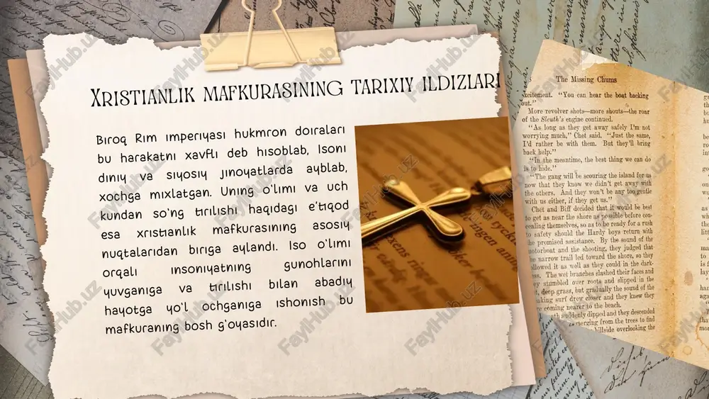 i — rojdestvo, pasxa kabi bayramlar keng nishonlanadi, garchi ko‘plab kishilar ularni diniy emas, madaniy qadriyat sifatida ko‘rsalar ham. xristianlik mafkurasining zamonaviy yevropa jamiyatidagi izlari yevropaning ko‘plab universitetlari, xususan, tarixan mashhur bo‘lgan oksford, kembrij, sorbonna universitetlari ilk bora diniy bilimlarni o‘rgatish uchun tashkil etilgan bo‘lib, bugungi kunda ham ularning akademik qadriyatlari xristianlikdagi fikrlash madaniyatiga tayangan holda rivojlangan. xulosa xristianlik mafkurasi insoniyat tarixidagi eng muhim g‘oyaviy tizimlardan biri bo‘lib, u yevropa xalqlarining axloqiy, siyosiy va madaniy taraqqiyotiga bevosita ta’sir ko‘rsatgan. bu mafkura i asrda yahudiya hududida vujudga kelgan bo‘lib, mehr-shafqat, kechirimlilik, kamtarlik va adolat kabi g‘oyalarni targ‘ib qilgan. dastlab ta’qib ostida bo‘lgan bo‘lsa-da, keyinchalik rim imperiyasi va undan keyingi yevropa monarxiyalari davrida keng yoyilib, jamiyat hayotining deyarli barcha sohalariga kirib borgan. xristianlik yevropada diniy institutlarning paydo bo‘lishi, huquqiy normalarning shakllanishi, san’at va madaniyat taraqqiyoti hamda ijtimoiy gumanizmning rivojiga asos bo‘lgan. zamonaviy yevropa jamiyatida sekulyarlik ustuvor bo‘lishiga qaramay, xristianlik mafkurasining izlari hanuzgacha …