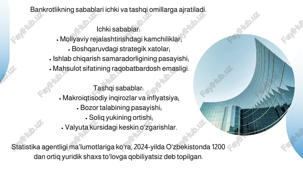 r yetishmasligi. takliflar: • bankrotlikni prognozlash tizimini raqamlashtirish; • inqirozga qarshi menejerlarni tayyorlash dasturini joriy etish; • “bankrotlikni oldini olish markazi”ni tashkil etish. lorem ipsum dolor sit amet, consectetur adipiscing elit. duis vulputate nulla at ante rhoncus, vel efficitur felis condimentum. proin odio odio. about us lorem ipsum dolor sit amet, consectetur adipiscing elit. duis vulputate nulla at ante rhoncus, vel efficitur felis condimentum. proin odio odio. our company history about our founder xulosa bankrotlik — bu korxonaning iqtisodiy inqirozi emas, balki yangilanish imkoniyatidir. uning to‘g‘ri tashkiliy boshqaruvi orqali moliyaviy sog‘lomlashtirish, aktivlarni tiklash va yangi iqtisodiy yo‘nalishlar yaratish mumkin. demak, bankrotlik mexanizmini ilmiy asosda o‘rganish va uni amaliyotga to‘g‘ri joriy etish milliy iqtisodiyotning barqaror rivojlanishiga xizmat qiladi thank you image1.png image2.svg image3.jpeg image4.png image5.jpeg image6.jpeg image7.png image8.svg image9.png image10.svg image11.jpeg image12.png image13.svg image14.jpeg image15.png image16.svg image17.png image18.svg image19.png image20.svg image21.png image22.svg image23.jpeg /docprops/thumbnail.jpeg
