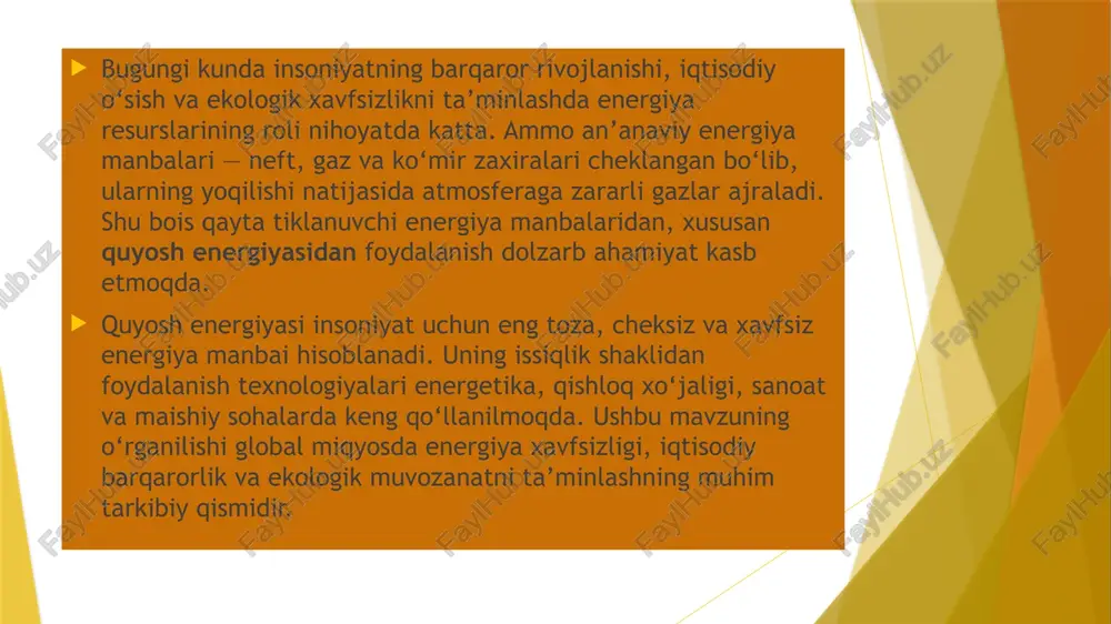 amonaviy agrotexnik vositalar va suv tejovchi texnologiyalar yetarli darajada joriy etilmagan. ekologik muammolar — aralbo‘yi hududidagi ekologik inqiroz natijasida yerlarning degradatsiyasi kuchaymoqda. davlat siyosati va islohotlar o‘zbekiston hukumati so‘nggi yillarda yer munosabatlarini isloh qilish, suv tejovchi texnologiyalarni joriy etish va raqamli agroxizmatlarni rivojlantirish bo‘yicha qator dasturlarni amalga oshirmoqda. masalan: “yer resurslarini boshqarish va muhofaza qilish to‘g‘risida”gi qonun qabul qilindi. “aqlli dehqonchilik” (smart agriculture) tizimi bosqichma-bosqich tatbiq etilmoqda. sug‘orish tizimlarida tomchilatib sug‘orish, lazerli tekislash, raqamli xaritalash amaliyotga kiritilmoqda. ijtimoiy-iqtisodiy ahamiyati yer resurslaridan oqilona foydalanish: mahsulot hajmini oshiradi, aholining bandligini ta’minlaydi, eksport salohiyatini kuchaytiradi, ekologik barqarorlikni ta’minlaydi, mamlakat oziq-ovqat xavfsizligini mustahkamlaydi. e’tiboringiz uchun rahmat o‘zbekiston geografik jihatdan quyosh radiatsiyasi yuqori bo‘lgan hududdir: yiliga o‘rtacha 280–320 quyoshli kun kuzatiladi. shu sababli mamlakatda quyosh energiyasidan issiqlik olish texnologiyalarini rivojlantirish uchun keng imkoniyatlar mavjud. hozirda navoiy, samarqand, qashqadaryo va buxoro viloyatlarida quyosh issiqlik elektr stansiyalari qurilmoqda. shuningdek, qishloq joylarda quyosh suv isitgichlari, issiqxona tizimlari va …