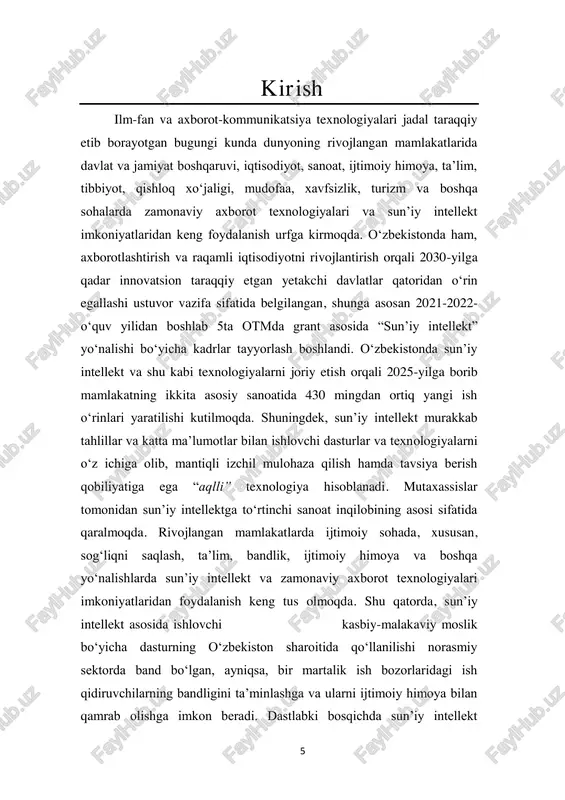 ha yetakchi mamlakatlar erishgan ilmiy natijalar. davlatlar si sohasida startaplar soni si sohasida maqola soni aqsh 1393 149.066 xitoy 383 159.818 buyuk britaniya 245 49.978 kanada 131 27.019 yaponiya 113 49.441 germaniya 106 40.131 oʻzbekistonda sun’iy intellektni rivojlantirishning joriy holati pq-4996 9 ta tajriba sinov oʻzbek tilida izohli 8 17.02.2021 loyihalari lug‘at ishlab chiqildi pq-5234 26.08.2021 maxsus rejim joriy etildi tadbirkorlarga imtiyozlar yaratildi vmq-475 31.07.2021 sun’iy intellektni rivojlantirish ilmiy tadqiqot instituti tashkil etildi 10 ta maxsus laborotoriya faoliyati yoʻlga qoʻyildi vmq-717 29.11.2021 maxsus rejim ishchi organi belgilandi maxsus rejimning nizomi tasdiqlandi hukumatning sun’iy intellektga tayyorgarlik indeksi. hukumatning sun’iy intellektga tayyorgarlik indeksi - jahon mamlakatlarining sun’iy intellektni joriy qilish uchun tayyorgarlik darajasi va yaratilgan sharoitlarni baholovchi buyuk britaniyaning “ oxford insights ” tashkiloti va kanadaning xalqaro tadqiqotlarni rivojlantirish instituti tomonidan amalga oshiriladigan xalqaro reytingidir. reytingda oʻzbekiston respublikasining oʻrnini keskin oshishiga mamlakatimizda yaratilayotgan quyidagi imkoniyatlar sabab bo`lmoqda: - hukumat qarorlari; - tizimlar …