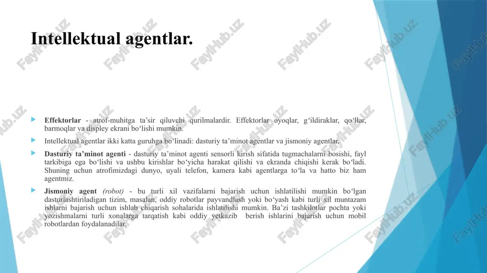 zimi model: binodagi odatiy harakatlar, har bir qavatga bo‘lgan talab. holat: “soat 08:00, odamlar asosan 1-qavatdan 5-qavatga chiqishadi.” harakat: liftdan foydalanuvchilarni kutmasdan pastda kutish rejimiga o‘tadi. model: kun vaqtiga va foydalanuvchi harakatlariga asoslanadi. modelga asoslangan refleks agent misollar aqlli suv tejash tizimi (smart irrigation system) — qishloq xo'jaligida yoki bog'larda ishlatiladigan si asosidagi avtomatik sug'orish tizimi. qanday ishlaydi: tuproqdagi namlik, ob-havo sharoiti, o'simlik turi kabi ma'lumotlarni sensorlar bilan yig'adi oldingi kunlardagi namlik o'zgarishlarini eslab qoladi har bir o'simlikning ehtiyojiga qarab model yaratadi ob-havo prognoziga qarab (masalan, ertaga yomg'ir yog'sa), sug'orishni kechiktiradi yoki bekor qiladi ✅ nega bu modelga asoslangan refleks agent? hozirgi sensor ma'lumotlari bilan birga o'tmishdagi ma'lumotlar va shablonlarga tayanib qaror qabul qiladi "har doim shunday bo'lgan" degan avtomatik reaktsiya o'rniga, aqlli tahlil qiladi qaror modeli – tuproq namligi + ob-havo + o'simlik ehtiyoji = to'g'ri vaqtda to'g'ri sug'orish modelga asoslangan refleks agent strukturasi maqsadga asoslangan agentlar maqsadga asoslangan …