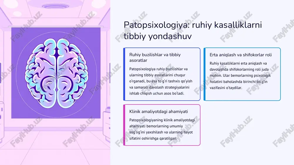 niy, balki ruhiy sogʻliq masalalarini ham tushunishni talab qiladi. global yondashuv bu yondashuvlar shifokorlarning kasbiy malakasini oshiribgina qolmay, balki ularni bemorlarning kompleks ehtiyojlariga javob berishga ham tayyorlaydi. https://gamma.app/?utm_source=made-with-gamma preencoded.png inklyuziv ta’lim va psixologiya: kelajak istiqbollari 01 tibbiyot ta’limini mustahkamlash tibbiyot ta’limida psixologiya va inklyuzivlikni yanada mustahkamlash zarur. bu shifokorlarni kelajak chaqiriqlariga tayyorlaydi. 02 bemorlar hayot sifatini oshirish shifokorlarning psixologik bilimlari bemorlarning nafaqat jismoniy, balki ruhiy sog‘lig‘ini ham yaxshilab, hayot sifatini oshiradi. 03 global sog‘liqni saqlashda psixologiyaning o‘rni global sog‘liqni saqlash tizimlarida psixologiyaning roli tobora ortib bormoqda, bu esa butun dunyo bo‘ylab sog‘liqni saqlash xizmatlarining yanada samarali bo‘lishiga yordam beradi. https://gamma.app/?utm_source=made-with-gamma preencoded.png xulosa: psixologiya va inklyuziv ta’lim – sog‘lom jamiyat poydevori • psixologiya tibbiyotning ajralmas qismi sifatida rivojlanmoqda. • patopsixologiya shifokorlar uchun zarur bilimlar majmuasi bo‘lib, ularning kasbiy mahoratini oshiradi. • inklyuziv ta’lim shifokor-bemor munosabatlarini yangi bosqichga olib chiqib, davolash jarayonini yanada samarali qiladi. • har bir shifokor psixologik bilimlarni chuqur …