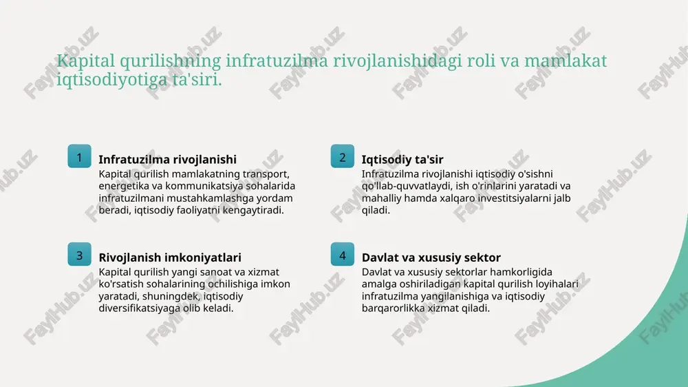 3. qosimov d. kapital qurilish loyihalarini boshqarishning zamonaviy usullari. investitsiya va qurilish jurnali, 2021. 4. tashkent davlat texnika universiteti. kapital qurilish va investitsiya jarayonlari: nazariyalar va amaliyot. toshkent, 2018. 5. yunusov m. kapital qurilishga davlat va xususiy sarmoyalar. o‘zbekiston iqtisodiy tahlil va prognozlar, 2022. e'tiboringiz uchun rahmat! /docprops/thumbnail.jpeg