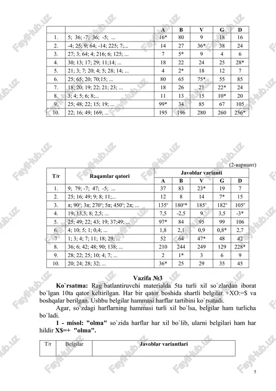 vizor magistral* 4. x^=:!&?^& tadbirkor buxgalter kompanion* moliyaviy brokerlik 5. +:x:yz?!x0 akkreditiv agrobiznes mavritaniya kassatsiya konosament* 6. +?x=?!=$0 interfeys* auditorya debitorlik gipermuhit texnikaviy 7. >? >~!#^&+)/ elektronika* giperhavola shovqinsimon kibernetika integrallik 8. ~!+=#^y>y+/y innovatsiya iqtisodiyot kontrabanda* rentabellik restriksiya 9. +:!?$+=xy0:+ kriptografik* eksponinsial modulyatsiya elektrmagnit radiochastota 10. xy0:+!+$?=z+ reklamatsiya* integratsiya vaksinatsiya kooperatsiya komissionchi vazifa №4 ko‘rsatma: quyida siz bajarishingiz kerak bo‘lgan vazifaga o‘xshash namuna berilgan. har bir vazifaning chap qismida ma’lum mantiqiy aloqa bilan bog‘langan bir juft so‘z berilgan. o‘ngda 6 juft so‘z berilgan bo‘lib, ulardan ma’noga ko‘ra mosini tanlash va belgilash lozim. sizning vazifangiz o‘ng ustunda berilgan 6 juft so‘zdan chap ustundagi juft so‘zlarga mos juftlikni tanlashdan iborat. bu so‘zlar ham chap tomondagi juftlik kabi mantiqiy aloqada bo‘lsin. tanlagan variantingizni javoblar varaqasida (“vazifa №_4”) “x” belgisi bilan belgilang. masalan: 1. kutubxona – kitob a) nom – ism, v) chumoli – hasharot, v) bob – roman, g) nutq – so‘z, d) …