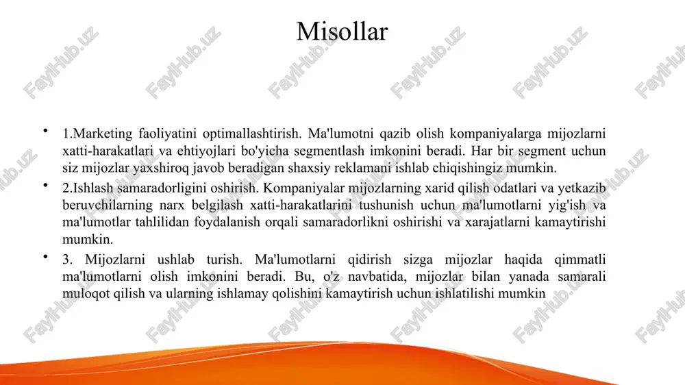 lishi (1990-2000 yillar). 1990-yillarda “data mining” (maʼlumot qazib olish) atamasi paydo boʻldi, hamda maʼlumotlar tahlili va intellektual tahlil uchun yangi metodologiyalar va usullarni oʻzida mujassamlashtirdi. maʼlumotlar hajmi oshib borishi bilan maʼlumot qazib olish (dm) usullari katta maʼlumotlar (big data) bilan ishlash imkoniyatini oshirib bordi. bugungi kunga kelib maʼlumotlarni yigʻish va saqlash, qolaversa ularni tahlil qilish orqali sohalarni rivojlanishida foydalanish muhim omil hisoblanib va ular hajmining keskin oshishiga sabab boʻlmoqda. maʼlumotlar intellektual tahlilning rivojlanish bosqichlari mashinali oʻqitish va chuqur oʻqitish usullarining rivojlanishi (2000 yildan keyin). mashinali oʻqitish. bu davrda mashinali oʻqitish texnologiyalari taraqqiy etib, klassifikatsiya, regressiya, klasterlash va boshqa usullar bilan maʼlumotlarni intellektual tahlil qilish imkoniyatini yaratdi. chuqur oʻqitish. sunʼiy neyron tarmoqlar (ann) va chuqur oʻqitish (deep learning) sohalari 2010-yillardan boshlab keng tarqaldi va maʼlumotlarni intellektual tahlil qilishda innovatsion usullarni taklif etdi. maʼlumotlar intellektual tahlilning rivojlanish bosqichlari maʼlumotlar intellektual tahlilning rivojlanish bosqichlari bugungi kunda. katta hajimli maʼlumotlar va real vaqt rejimidagi …