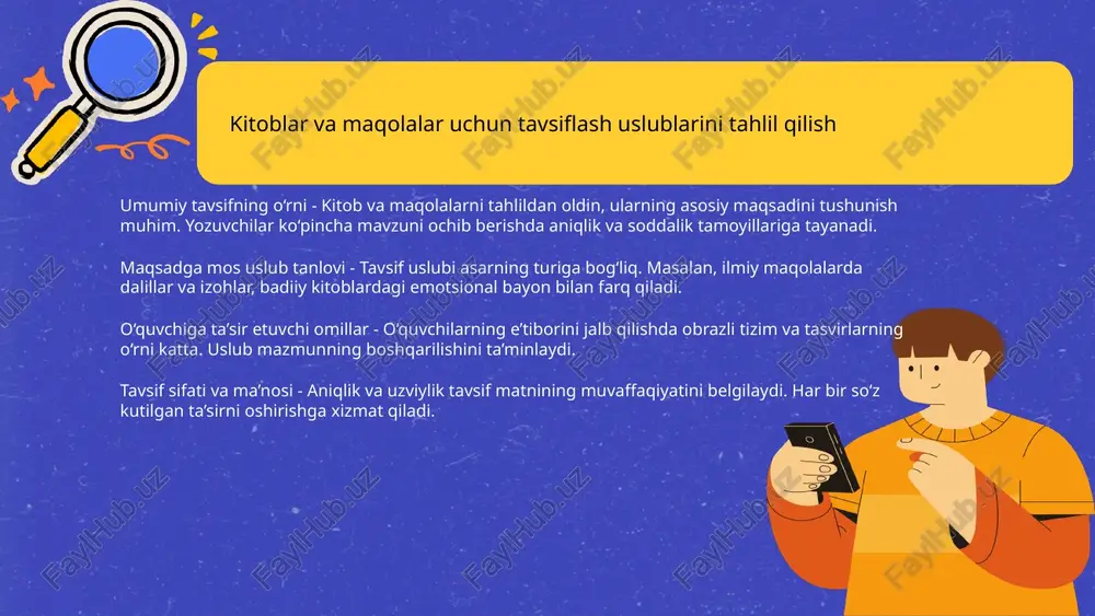 'liqlik bibliografik tavsiflashning maqsadi - bibliografik tavsiflash axborot manbalarini tahlil qilish va ularni tizimlashtirishni qamrab oladi. bu jarayon qidiruvning aniq va tez amalga oshirilishini ta'minlaydi. axborot qidiruv samaradorligi - samarali qidiruv uchun tizimlangan va aniq ma'lumotlar zarur. to'g'ri tavsiflangan materiallar izlanishni tezlashtiradi va foydalanuvchiga mos natijalarni taqdim etadi. tavsif va qidiruv o'zaro ta'siri - tavsiflash qanchalik batafsil va aniq bo'lsa, qidiruv natijalari shunchalik ishonchli bo'ladi. bu ilmiy ishlarda va ma'lumotlar bazasida muhim ahamiyatga ega. optimallashtirishning ahamiyati - bibliografik jarayonlarni optimallashtirish qidiruv tizimlarining samaradorligini oshiradi. bu vaqtni tejash va foydalanuvchilar qoniqishini ta'minlaydi. 14 xulosa bibliografik tavsiflash nazaryasi va uslubyati - bibliografik tavsiflash nazaryasi va uslubyati hujjatlar haqida ma'lumotlarni tizimli shaklda taqdim etish prinsip va usullarini o'rganishga qaratilgan. bu nazariya adabiyotlar ro'yhatini tuzishda asosiy qoidalar va ko'rsatmalarga amal qilishni ta'minlaydi. u hujjatning aniq xarakteristikasini belgilash, uning mazmuni va manbasini aniqlashga yordam beradi. tavsiflash uslubi rasmiylashtirishda standartlashtirilgan mezonlar va formatlarni qo'llashni talab qiladi. …