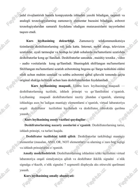 displey qurilmalarida ishlatila boshlandi. mikroprotsessorlar rivojlangan sari deshifratorlarning ishlatilishi kengaydi. ular markaziy protsessor birligi (cpu) va boshqa komponentlar o`rtasida ma'lumot almashish uchun muhim ahamiyatga ega bo`ldi. shu orqali shifrlangan (kodlangan) ma'lumotlarni qayta ishlash va ularni raqamli formatga o`zgartirish imkoniyati oshdi. bugungi kunda deshifratorlar turli xil ko‘rinishlarda va murakkablik darajalarida mavjud. ular televizorlar, mobil telefonlar, kompyuterlar, va internet qurilmalarida keng qo‘llaniladi. zamonaviy dekoderlar 4k va 8k video formatlarini ham dekod qilish qobiliyatiga ega bo‘lib, yuqori aniqlikdagi tasvirlarni va ko‘p funktsiyali qurilmalarda ma'lumotlarni shifrlash va deshifrlashni ta’minlaydi. deshifratorlarning rivojlanishi, o‘z navbatida, texnologiyaning umumiy yuksalishiga va elektronika sohasidagi ko‘plab yangi innovatsiyalarga sabab bo‘ldi. bu asboblar analog va raqamli signal almashinuvida, shuningdek, kompyuterlar va mikroprotsessorlar uchun asosiy elementlardan biriga aylandi. deshifratorlarni rivojlantirish va takomillashtirishda bir qancha muhim olimlar va injenerlar ishtirok etgan. ular elektronika va raqamli texnologiya sohalarida yutuqlarga erishib, bugungi zamonaviy dekoder va shifr yechish texnologiyalarining asoslarini yaratdilar. claude shannon - raqamli texnologiyalar …