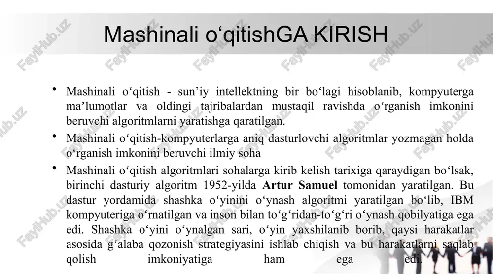 yalash muammosi, xususan, nazoratli o'qitish shaklida eksperiment o'rnatishda sun'iy neyron tarmoq usullaridan foydalangan holda hal qilinadi. klassifikasiyalashda model to'liq o'quv ma'lumotlari yordamida o'qitiladi foydalanishdan oldin test ma'lumotlari bo'yicha baholanadi. klassifikatsiya - ob'ektlarni umumiy xususiyatga ko'ra guruhlarga ajratish yoki saralashni anglatadi. agar sizda mevalar yoki geometrik shakllar kabi bir guruh narsalar mavjud bo'lsa, ularni ega bo'lgan mulkka qarab tasniflashingiz mumkin misol: o'simlik turini uning kattaligi va bargi shakliga qarab aniqlash. bu erda ob'ektlar o'simliklar, xarakteristikalar - barglarning o'lchamlari va shakllari, sinflar - o'simlik turlari. o`qituvchili o`qitish(klassifikasiyalash) elektron tijoratda mahsulotlarni tavsiya qilish uchun klassifikasiyalash qo'llaniladi, bu esa mijozlar ehtiyojini qondirishni yaxshilaydi va sotishni oshiradi. xavfsizlik sohasida klassifikasiyalash modellari soxta tranzaktsiyalarni aniqlashga va kiberhujumlarning oldini olishga yordam beradi. tibbiyotda klassifikasiyalash modellari patologiyalarni aniqlash uchun rentgen va mrt kabi tibbiy tasvirlarni tahlil qilish uchun ishlatiladi. avtomobil sanoatida klassifikasiyalash avtomobil haydashda yo'l harakati xavfsizligini oshirishda yo'l belgilari va piyodalarni tanib olish uchun qo'llaniladi. o`qituvchili o`qitish(klassifikasiyalash) …