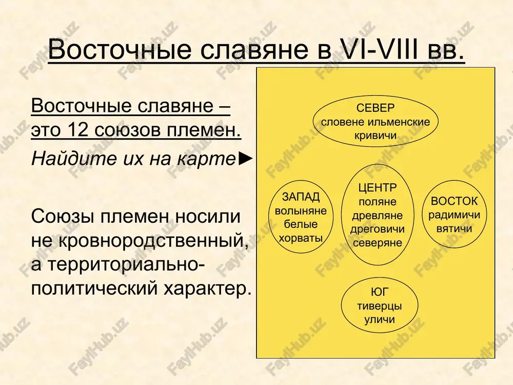 lis otnosheniya slavyan s xazarskim kaganatom v viii–ix vv.? xazari brali dan so slavyan, jivshix k vostoku ot dnepra: vyatichey, radimichey, severyan. v kontse ix v. oleg pokoril severyan i radimichey, i oni stali dannikami kievskix knyazey («ne dayte xazaram, no mne dayte!»). granitsa rasseleniya slavyan. granitsa xazarskogo kaganata. ? rus i kochevniki s vostoka i yugo-vostoka rusi postoyanno ugrojali nabegi kochevnikov. v nizovyax dnepra kupecheskim karavanam ugrojali pechenegi, kochevavshie v odnom dne konnogo puti ot kieva. nabeg kochevnikov. sovremenniy risunok. rus i vizantiya chto privlekalo varyagov i slavyan v vizantii? varyagi i slavyane bili varvarami, ix porajali nevidannie bogatstva vizantii. stremlenie zaxvatit eti bogatstva pobujdalo ix sovershat nabegi na vizantiyu tak je, kak v iii–v vv. germantsi sovershali nabegi na rimskuyu imperiyu. vizantiyskie yuvelirnie izdeliya vizantiyskie yuvelirnie izdeliya ? rus i vizantiya na takix ladyax varyagi i slavyane spuskalis po puti «iz varyag v greki» i grabili chernomorskoe pobereje …