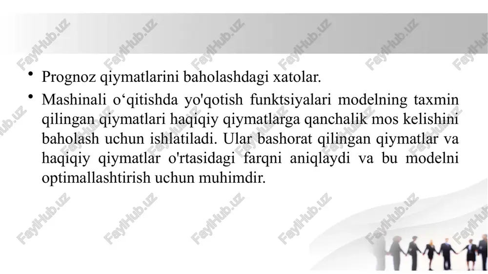 ababli, o’kx optimallashtirishda muhim mezonlardan biri hisoblanadi. o'rta kvadratik xatolik(misol) talabalar baholarini bashorat qilish o'qituvchi talabalarning yakuniy imtihon baholarini bashorat qilish uchun model talaba haqiqiy baho bashorat xatolik kvadrat xatolik 1 85 80 5 25 2 90 88 2 4 3 78 82 -4 16 4 92 89 3 9 5 76 79 -3 9 o'rta kvadratik xatolik(misol) mse ni qo‘lda xisoblash 25+4+16+9+9/5=63/5=12,6 mse = 12,6 ball kvadratik xatolik absolyut xatolik (mean absolute error - mae) absolyut xatolik (ax) – bu bashorat qilingan qiymat bilan haqiqiy qiymat orasidagi mutlaq farqni o‘lchovchi kattalik bo‘lib, statistik tahlil va mashinali o‘qitish modellarining aniqligini baholashda keng qo‘llaniladi. u quyidagi formula yordamida hisoblanadi: bu yerda y – haqiqiy qiymat, y^i– model tomonidan bashorat qilingan qiymat. bu kattalik modelning bashoratlari haqiqiy qiymatlardan o‘rtacha qanchalik uzoqligini ko‘rsatadi. axning afzalligi shundaki, u xatoliklarni kvadratlarga oshirmaydi, natijada katta xatoliklarga nisbatan sezgirlik pasayadi. bu, ayniqsa, nozik modellar uchun foydalidir. biroq, …