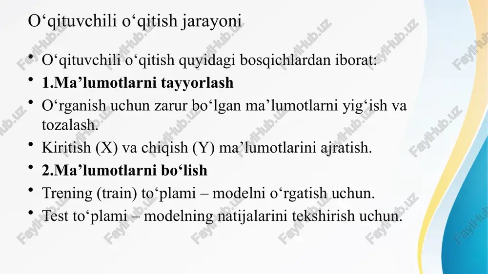agan boshqa omillar ta’siri. misollar uy narxlarini bashorat qilish uylarning narxlari turli omillarga (maydoni, xonalari soni, joylashuvi) bog‘liq bo‘ladi. chiziqli regressiya yordamida uy narxlarini oldindan aytish mumkin. vaziyat: sizning ma'lumotingiz quyidagicha: uy maydoni (m²) uy narxi (ming $) ma'lumotlar asosida quyidagi modelni qurish mumkin: narx= β0+ β1 x maydon bu yerda β0​ — boshlang‘ich narx (masalan, minimal narx), β1​ esa maydonning narxga ta’sir qiluvchi o‘zgarishini ko‘rsatadi. misollar chiziqli regressiya orqali aholi o‘sishini prognoz qilish chiziqli regressiya yordamida aholi sonining o‘sishini bashorat qilish mumkin. bu usul aholi o‘sishining barqaror va chiziqli trend asosida davom etishini taxmin qiladi. chiziqli regressiya tenglamasi:y=ax+b bu yerda: x – yil (vaqt), y – aholi soni, a – o‘sish sur’ati (yiliga aholi ortishi), b – boshlang‘ich aholi soni. misol biror shaharning aholisi quyidagicha o‘smoqda: yillar(x) : aholi soni(ming)(y): 2010 500 2015 600 2020 600 2025 650 misol chiziqli regressiya formulasini topamiz. o‘sish sur’ati (a) ni hisoblaymiz: a===10 …