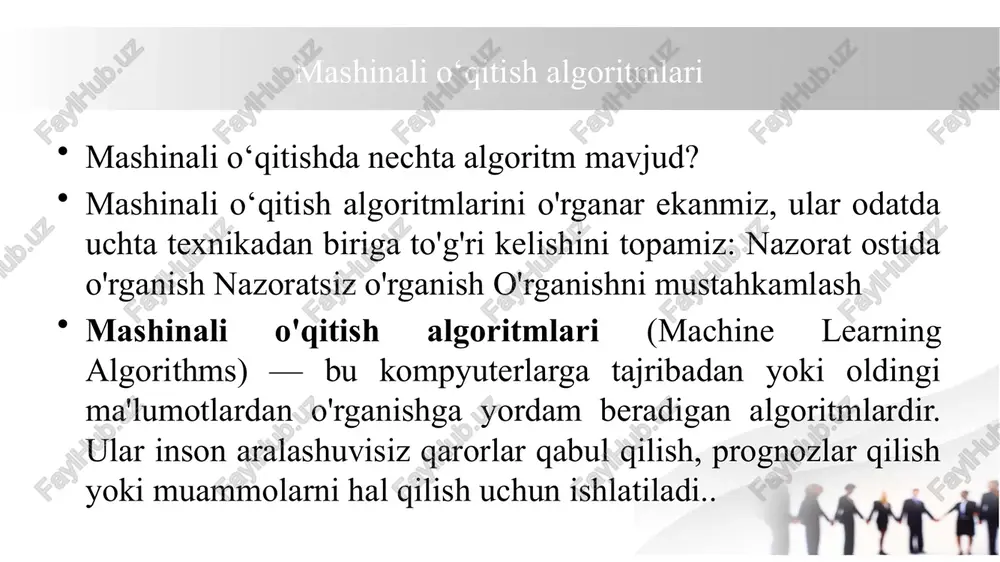 xaridlari va boshqa omillarga qarab, ularning reklama orqali mahsulotni sotib olish ehtimoli hisoblanadi. natija "sotib oladi" yoki "sotib olmaydi" sifatida ifodalanadi. k-nn algoritmi usul birinchi marta 1951 yilda evelyn fix va jozef louson xodges tomonidan ishlab chiqilgan va keyinchalik tomas cover tomonidan ishlab chiqilgan. k-nn algoritmi k-nn (k-nearest neighbors) algoritmi — bu mashinali o‘qitishda qo‘llaniladigan, nazoratsiz o‘rganish usuliga asoslangan oddiy va samarali tasniflash algoritmi. uning asosiy g‘oyasi — yangi kiritilgan ma’lumotni yaqin atrofdagi (eng yaqin qo‘shnilar) ma’lumot nuqtalariga qarab tasniflash. k-nn algoritmi yangi ma’lumot nuqtasini uning eng yaqin k qo‘shnisiga qarab tasniflaydi yoki baholaydi. bu yerda: k — eng yaqin qo‘shnilar soni bo‘lib, bu qiymat algoritmning aniqligiga ta’sir ko‘rsatadi. qo'shnilar — yaqin atrofdagi ma’lumot nuqtalari bo'lib, ularning sinfi yoki qiymati yordamida yangi nuqta aniqlanadi. k-nn algoritmi k-yaqin qo'shnilar - bu mashinali o‘qitish texnikasi va algoritmi regressiya va tasniflash vazifalari uchun ham foydalanish mumkin. k-yaqin qo'shnilar (knn) kontseptual jihatdan sodda, ammo …