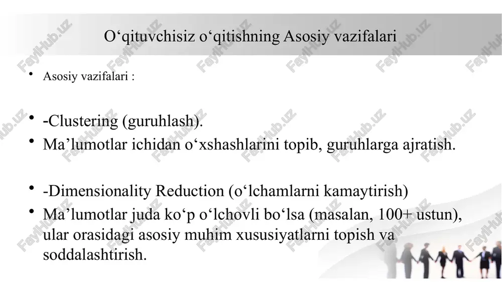sh vazifasining turlaridan biri bo'lib, unda modelning maqsadi ma'lumotlarni o'xshashliklari asosida guruhlarga yoki klasterlarga bo'lishdir. klasterlash vazifalariga misol sifatida foydalanuvchilarni xatti-harakatlariga qarab guruhlash yoki ularning mazmuniga qarab rasmlarni ajratish mumkin. klasterlash - bu qandaydir mezon boʻyicha bir klasterdagi obʼyektlar boshqa klasterlar obʼyektlariga qaraganda bir-biriga oʻxshash boʻladigan tarzda obʼyektlar toʻplamini kichik toʻplamlarga (klasterlarga) guruhlash vazifasidir. klasterlash muammosi nazoratsiz ta'lim muammolari sinfiga kiradi. ushbu usul ma'lumotlarni tahlil qilish, marketing, bioinformatika va boshqa sohalarda keng qo'llaniladi. o`qituvchisiz o`qitish (klasterlash) misol marketingda mijozlarni segmentlarga bo'lish uchun klasterlash qo'llaniladi. masalan, kompaniyalar o'z mijozlarini yoshi, daromadi, afzalliklari va boshqa xususiyatlariga qarab guruhlarga bo'lishlari mumkin. bu sizga ko'proq maqsadli marketing kampaniyalarini yaratish va mijozlarga xizmat ko'rsatishni yaxshilash imkonini beradi.. o`qituvchisiz o`qitish (klasterlash) misol bioinformatikada klasterlash genomik ma'lumotlarni tahlil qilishga yordam beradi. genomik ma'lumotlar asosida bemorlarni (yoki to'qimalarni) o'xshashliklarga qarab klasterlarga ajratish mumkin.misol uchun, tadqiqotchilar o'xshash ifodalarga ega genlarni guruhlash uchun klasterlashdan foydalanishlari mumkin, bu gen funktsiyasini aniqlashga …