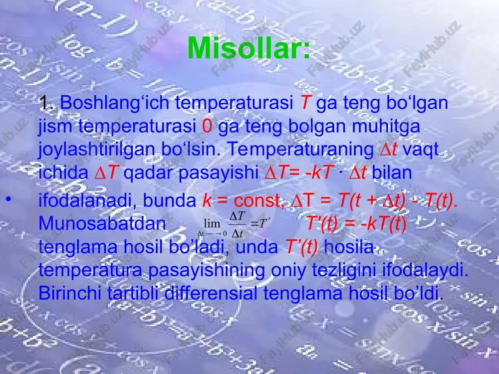 , balki har qanday qiymatida bajariladi, ya’ni (0; 0) nuqtadan cheksiz ko‘p y = cx to‘g‘ri chiziqlar o‘tadi (.3-rasm). (0; 0) nuqta differensial tenglamaning maxsus nuqtasidan iborat. 4-misol. tenglamani yechamiz. : yechish. tenglama ifodasi ustida zarar almashtirishlami bajarib, yechimni topamiz: yoki c - ixtiyoriy son. tenglamaning integral chiziqlari umumiy markazi o (0; 0) koordinatalar boshida joylashgan konsentrik aylanalardan iborat (4- rasm). bu holda 0(0: 0) nuqta undan birorta ham aylana (integral chiziq) o‘tmaydigan maxsus nuqta. demak, yechim markazi teshilgan nuqta bo‘lgan aylanalar oilasidan iborat. eng sodda ikkinchi tartibli y" = f(x) differensial tenglama z = y' va z' = (y') ' = y" almashtirish orqali z' = f (x) birinchi tartibli tenglama ko‘rinishiga keltirib yechiladi: bunda f funksiya f ning boshlang‘ich funksiyalaridan biri, c — ixtiyoriy son. y' = z bo‘lgani uchun: bunda f funksiya f ning boshlang‘ich funksiyalaridan biri, c2 — ikkinchi ixtiyoriy son. 5-misol. tenglamani yechamiz. y e …