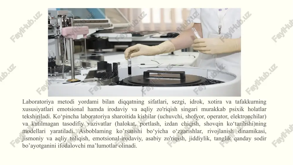 ligi” (n.a.menchinskaya, v.s.muxina) deb nomlanishi bejiz emas. uzoq vaqt bir shaxsni (kichik guruhni) kuzatish unda paydo bo'layotgan yangi fazilatlaming rivojlanish dinamikasini, xulq-atvoridagi illatlami (xatti-harakat) va ulaming oldini olish tadbirlarini, murakkab psixologik munosabatlari, ichki bog’anish qonuniyati, mexanizmi to‘g’risida mukammal, ishonchli, barqaror ma’lumotlar to‘plash imkonini yaratadi. longityud metodi yordamida sub’ektiv omillaming o'ziga xosligini, ob’ektiv shart-sharoitlar va ijtimoiy muhitning sinaluvchiga ta’siri o‘rganiladi. chunonchi, egizaklarning oxshashligi va tafovuti, ta’sirlanishi, his-tuyg‘usining o‘zgarishi, kishilar o’rtasidagi individual farqlar (ishchanligi, temperamenti, oliy nerv faoliyati tizimi va hokazolar) bo‘yicha ma'lumotlar olish longityud metodi bilan amalga oshadi. kompleks metod yordamida o‘rganilayotgan ob’ektdagi o‘zgarishlar turli nuqtai nazardan tahlil qilinadi yoki ularga har xil yondashiladi. masalan, bolada oddiy bilimlami o‘zlashtirish xususiyati psixologik jihatdan tekshirilayotgan bo’lsa, kompleks yondashish ta’sirida ana shu o’zlashtirishning falsafiy, mantiqiy, fiziologik, ijtimoiy, biologik xususiyatlari yoritiladi. aytaylik, keksayishning biologik omillarini o‘rganish uning psixologik, fiziologik, mantiqiy jihatlarini yoritishga xizmat qiladi. kompleks dastur yordamida amalga oshirilgan tadqiqot natijalari ilmiy ahamiyatga molik bo’lib, …