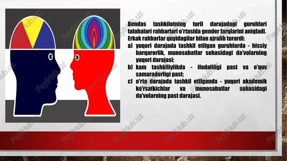 aklar biznes olamidagi ayol rahbarlar "token" sifatida harakat qilishadi. r. canter 3-bobda ("ona", "vasvasa", "o'yinchoq, talisman", "temir xonim") qisqacha tasvirlangan ayol tokenlarining to'rtta norasmiy rolini aniqladi. e.giddensning fikricha, talabalar guruhida etakchilik namoyon bo'lishining gender xususiyatlarini o'rganishga qiziqish uning kelib chiqishining ikki tomonlama tabiati bilan bog'liq: bir tomondan, u izolyatsiya qilingan bo'lsa, ikkinchidan, u unga ma'muriy choralarning o'ziga xos ta'siri. bu hodisa oquvchilar guruhining ozida ham oz aksini topadi.talabalar guruhining kelib chiqishining ikki tomonlamaligi yetakchilarni jinsga qarab farqlashning oziga xos xususiyatlarini belgilaydi. birinchidan, o‘quv guruhining faoliyati tashkilotdagi (yoki korxonadagi) kichik guruh faoliyatidan ko‘ra ko‘proq demokratik tamoyillarga asoslanadi. binobarin, bu holatda avtoritar etakchilik uslubi qabul qilinishi mumkin emas va shuning uchun qizlar (ayollik etakchilik uslubi egalari sifatida) etakchi bo'lish uchun ko'proq imkoniyatlarga ega. ayollarning etakchilik uslubi quyidagilar bilan tavsiflanadi: hamkorlik, sezgi va empatiya yordamida muammolarni hal qilish, sezgirlik, hamdardlik. ikkinchidan, faoliyatning mazmuniy xususiyatlariga qarab, guruhning rahbarlarga qo'yadigan talablari noaniq bo'lgan sharoitlar shakllanadi. …