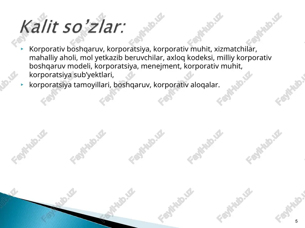 larini yuritish tartiblarini belgiiab berish bilan bir qatorda aksioner jamiyatlarida boshqarish organlarining ham vakolatlariga aniqlik kiritib beradi. * davlatning korxonalarni xususiylashtirish va ularing moliyaviy ahvolini mustahkamlashga qaratilgan choralari; davlat korxonalarini aksiyadoriik jamiyatlarini tashkil qilish shaklida davlat tasarrufidan chiqarish jarayoni, emissiya ko'lamlarini kengaytirish va ularning aksiyalarini muomalaga chiqarish; korxonaiar aksiyadorlari huquqlarini davlat va uning vakolatli idoralari tomonidan himoya qilinishining mustahkam qonunchiiik hamda institutsional bazasini yaratish. * 1.2. korporativ boshqaruv va korporativ menejment * lotincha corporatio — birlashish bu umumiy maqsadlarga erishish, birgalikda faoliyat ko‘rsatish uchun birlashgan va huquqning mustaqii sub’yektini — huquqiy shaxsni tashkil qilgan jismoniy yoki huquqiy shaxslar birlashmasidir * mulkchilikning hissadorlik shaklining zamonaviy ko‘rinishlaridan biri hisoblanadi. unda bir necha mulkdorlarning manfaattari birlashadi, yagona maqsad doirasida investorlar kapitallari birlashtiriladi * tijorat tashkilotlari hisoblangan va a’zolikka asoslangan barcha xo‘jalik sub’yektlari boshqa belgilar bo‘yicha esa faqat aksiyadorlik jamiyatlari * 1. aksiyalar chiqarish orqali pul mablag'lari jalb qilish qobiliyati cheklanmagan sonli investorlarning mablag'larini …