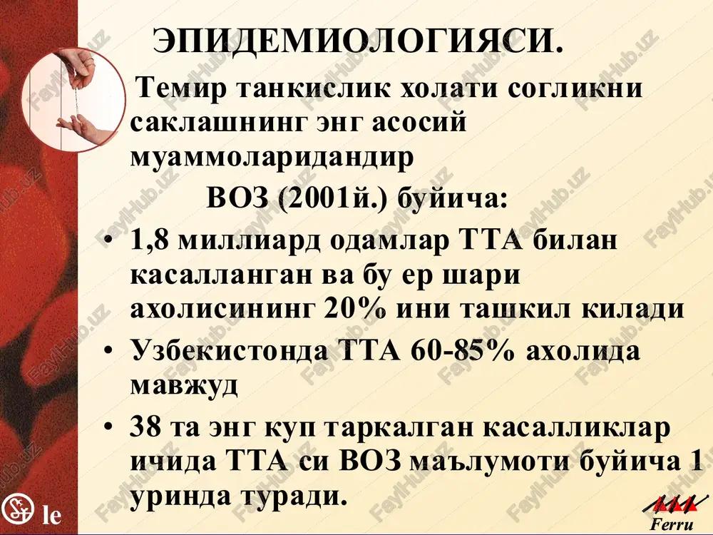 katsiya: kungil aynishi, kusish, umumiy xolsizlik, taxikardiya, xarorat oshishi tugma gemolitik anemiyalarda skelet uzgarishi: minorasimon bosh, mikroftalmiya, gotik tanglay, kiska barmoklar * ga diagnostikasi : uka: eritrotsit va nv kamayishi, retikulotsitoz membranopatiyada mikrosferotsitoz, ovalotsitoz autoimmun ga echt 60-80 mm/s, kumbs reak. + uroksimon xujayrali anemiyada barmokda jgut sinamasida gemoglobin s aniklanishi talassemiyada nishonsimon eritrotsitlar fermentopatiyada fermentlar aktivligi pasayishi b/x: notugri bilirubin, zardob temiri oshishi mielogrammada: kizil usik giperplaziyasi usa: gemoglobinuriya, gemosiderinuriya. mikrosferotsitoz. ovalotsitoz. * davolash. membranopatiyada splenektomiya fermentopatiyada dorini bekor kilish uroksimon xujayrali anemiyada togga chikmaslik, yopik xonalarga kirmaslik, oksigenoterapiya autoimmun gemolitik anemiyalarda gks chakaloklar gemolitik kasalligida kon almashtirish ilon va zaxarli xashoratlar chakkanda spetsifik zardoblar, antidotlar dezintoksikatsiya: kup suyuklik ichish, nacl 0,9%, glyukozi 5%, past molekulyar dekstran. epidemiologiya epidemiologiyasi. temir tankislik xolati soglikni saklashning eng asosiy muammolaridandir voz (2001y.) buyicha: 1,8 milliard odamlar tta bilan kasallangan va bu er shari axolisining 20% ini tashkil kiladi uzbekistonda tta 60-85% axolida …