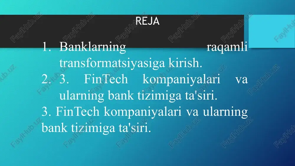 alarni joriy etgan holda qonunchilik bazasini takomillashtirish mijozlarga yo'naltirilgan xizmatlar, kreditlash mexanizmlari va biznes jarayonlarini avtomatlashtirish orqali xizmat ko'rsatish sifatini yaxshilash va kengaytirish; kadrlar malakasini oshirish. t/r ko'rsatkichlar nomlanishi joriy holati maqsad: 2021 yilga 2023 yilga 2025 yilga 1. xususiy (davlat ulushi ishtirok etmagan) banklar aktivlarining bank sektori aktivlari umumiy hajmidagi ulushi 15 foiz 17 — 20 foiz 35 — 40 foiz 60 foiz 2. banklarning xususiy sektor oldidagi majburiyatlarining majburiyatlar umumiy hajmidagi ulushi 28 foiz 30 — 40 foiz 60 foiz 70 foiz 3. etarli tajriba, bilim va obro'ga ega bo'lgan strategik xorijiy investorlarni jalb qilish - - 3 3 4. depozitlarning banklar majburiyatlariga nisbati 41 foiz 41 — 45 foiz 45 — 50 foiz 50 — 60 foiz 5. nobank kredit tashkilotlari aktivlarining kredit tashkilotlari aktivlari umumiy hajmidagi ulushi 0,35 foiz 0,5 — 0,7 foiz 1 — 1,5 foiz 4 foiz 6. xorijiy valyutadagi majburiyatlarning majburiyatlar umumiy hajmidagi …